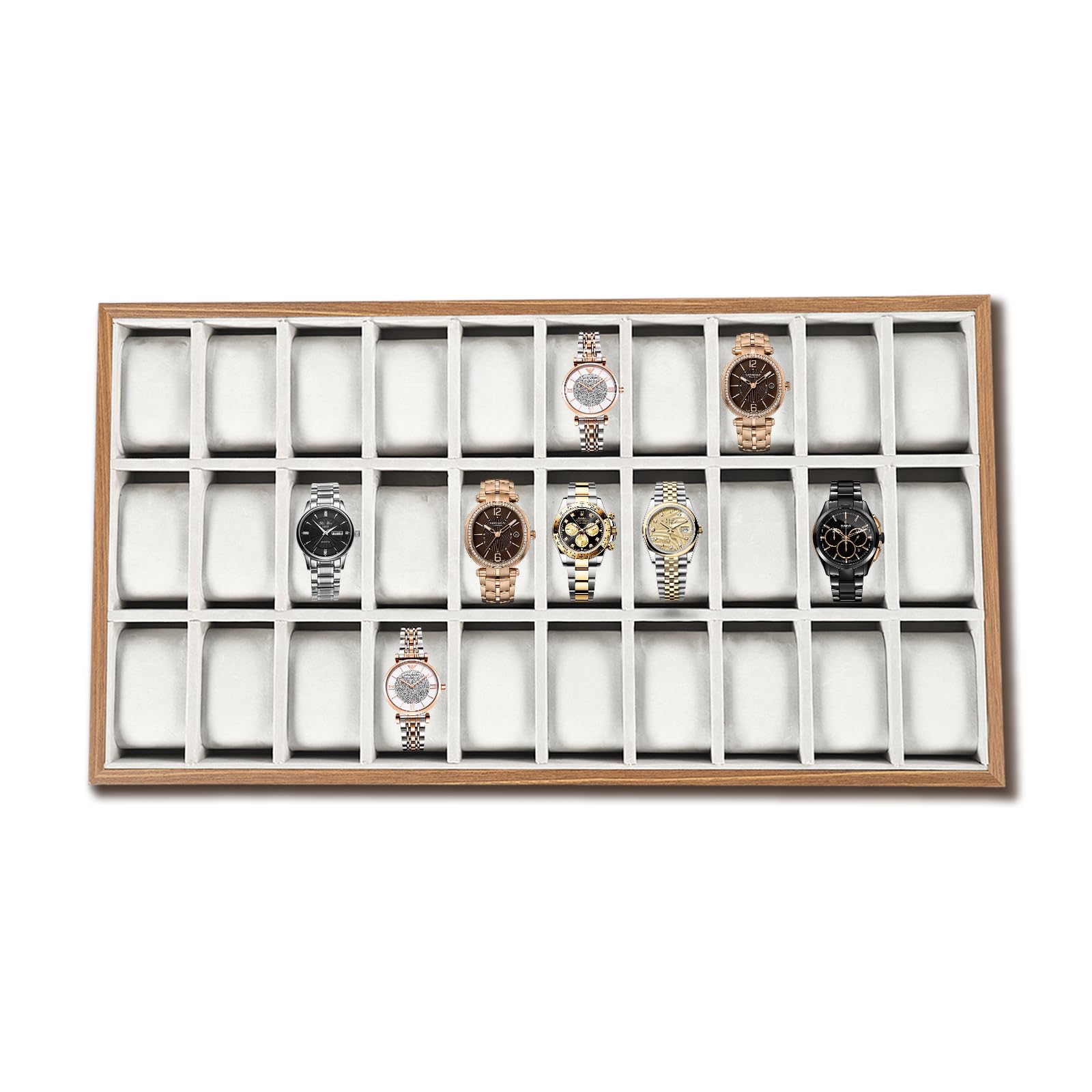 Caja de reloj para 30 relojes, caja de reloj con 30 compartimentos, caja de reloj con cojín extraíble, textura de madera, caja de almacenamiento 53,5 x 29,2 cm