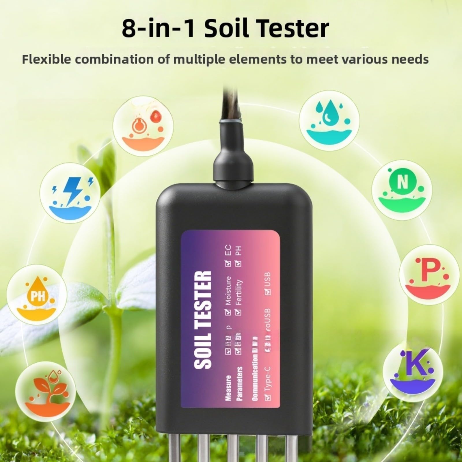 Bodenmessgerät NPK PH Feuchte Temperatur Sensor IP68 Wasserdicht 316L Edelstahl Für Garten Landwirtschaft Kompatibel Mit Für Android Für Harmonyos Für Ios App Echtzeitdatenanalyse Schwarz