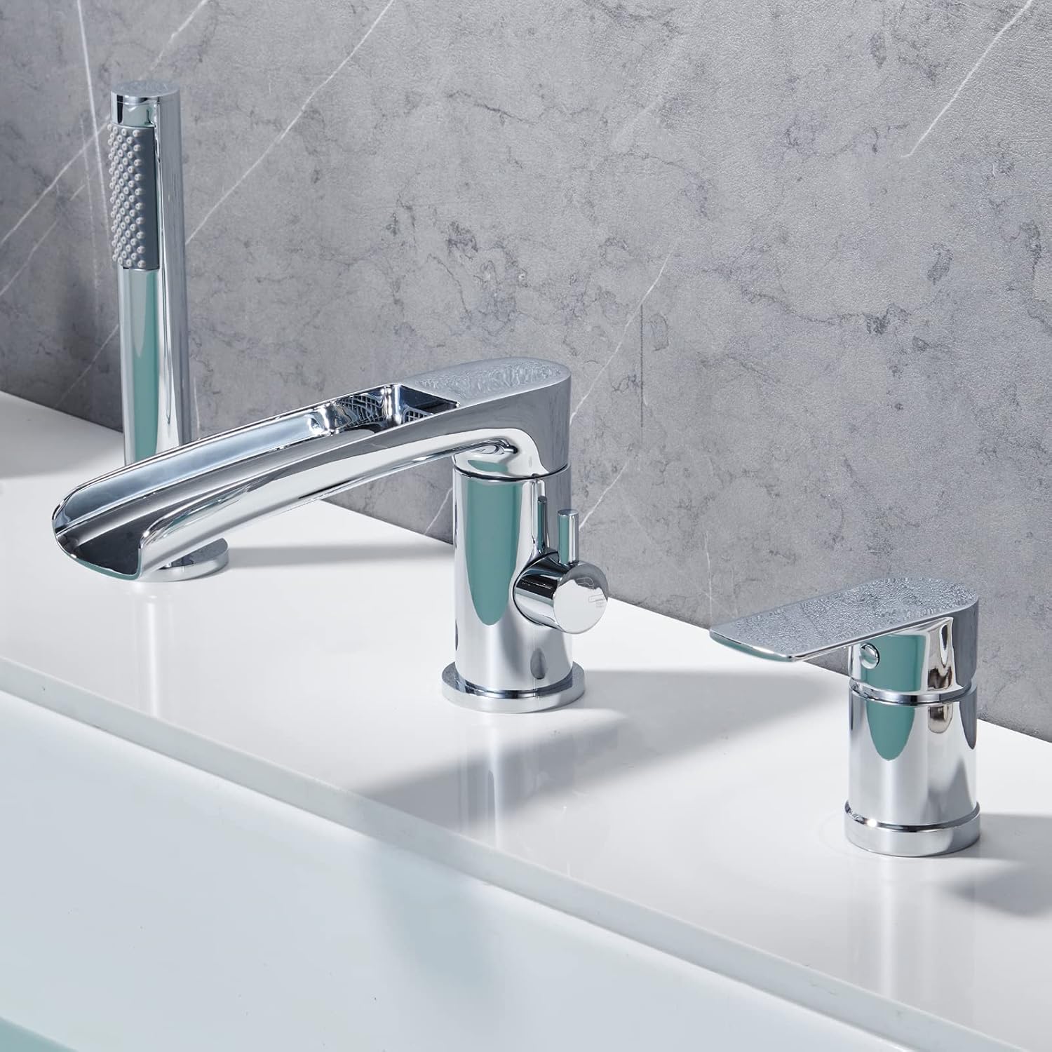 DASAN Roman Bathtub Faucet Set with Handheld Shower Sprayer 3-Hole Deck Mount Square Tub Filler Faucet Set, Polished Chrome Waterfall Roman Tub Faucet with Valve Included, DA-TF09WH-CH