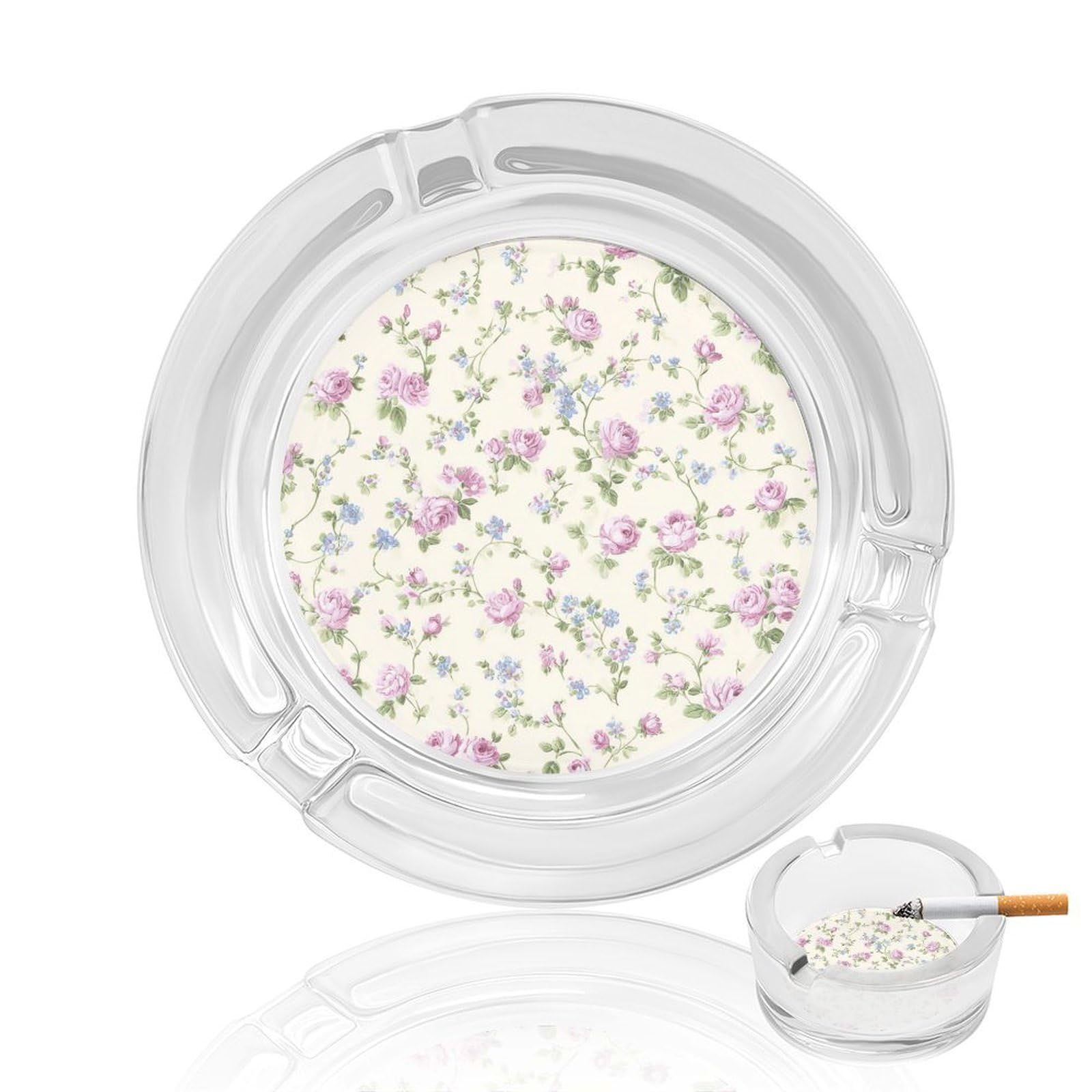 Floral Pink Roses Flowers with Curling Sprigs Glass Ashtray for Cigarettes Portable Decorative Ash Trays for Home Office Decor