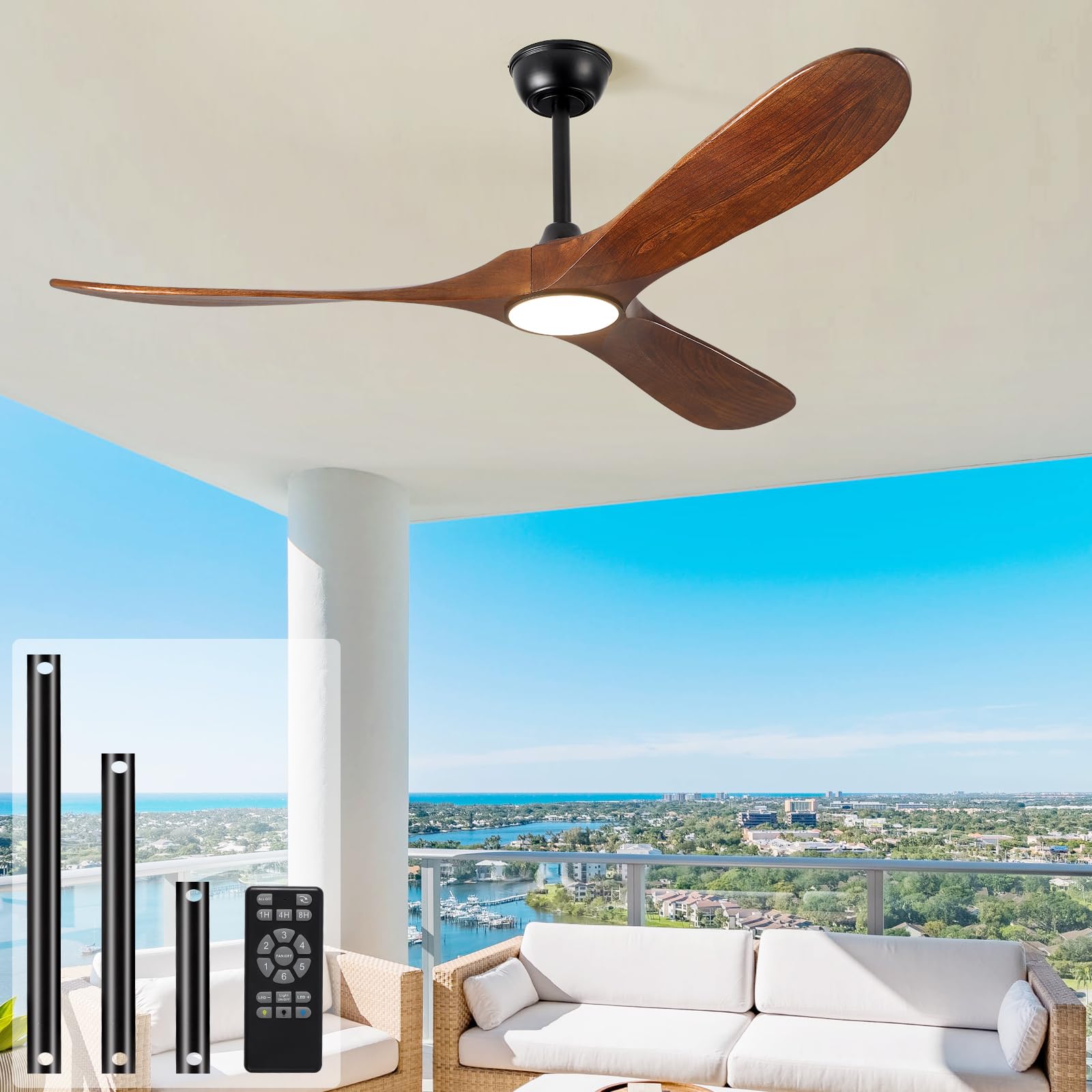 60 in ceiling fan with light and remote, 6-speed dimmable outdoor ceiling fan, high cfm quiet 3 blade wood ceiling fan, modern propeller ceiling fan for outdoor indoor patio porch (walnut)
