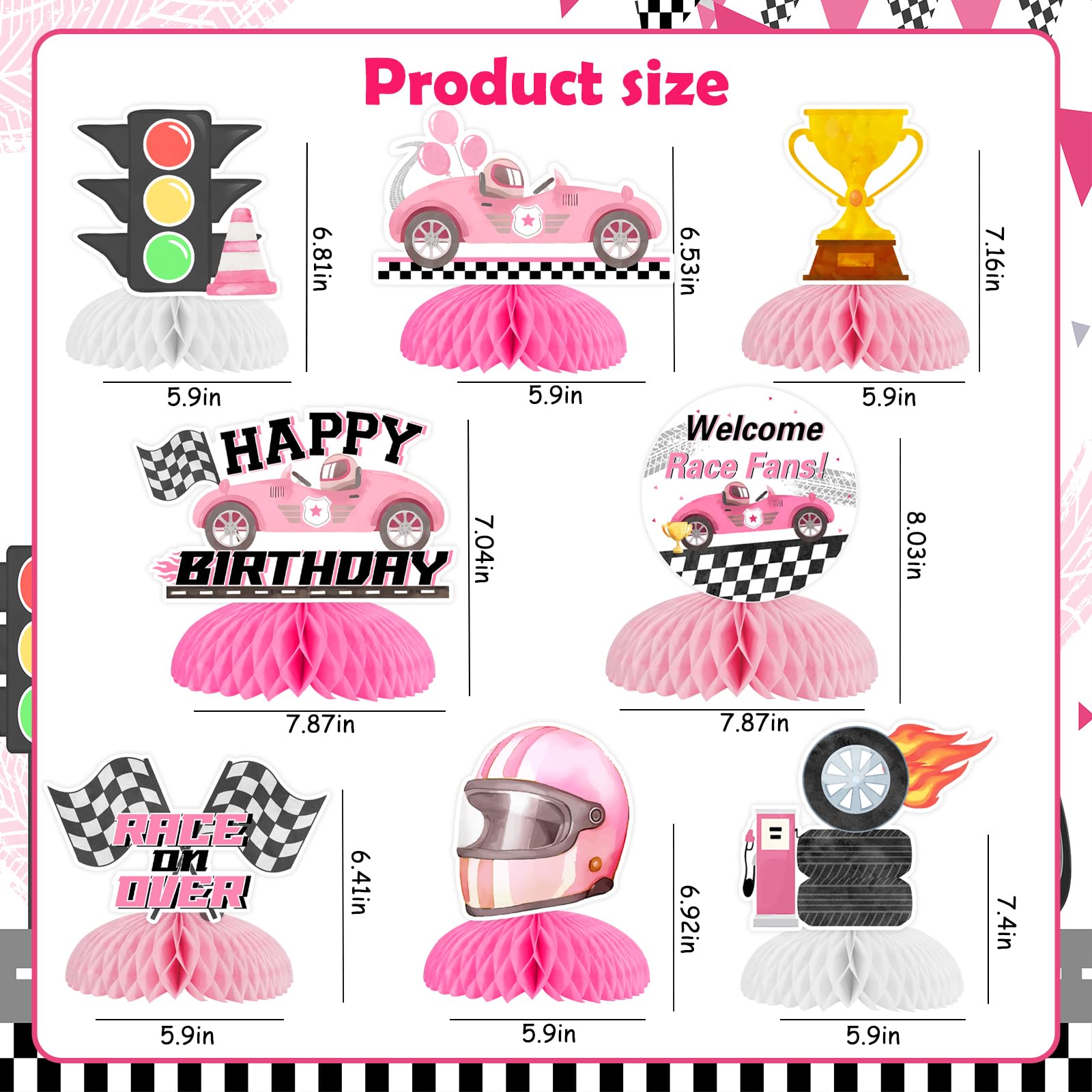 Pink Racing Car Birthday Party Decorations for Girls - 8PCS Race Car Honeycomb Centerpieces, Vintage Retro Let's Go Racing, Race on Over Welcome Race Fans Birthday Party Decorations