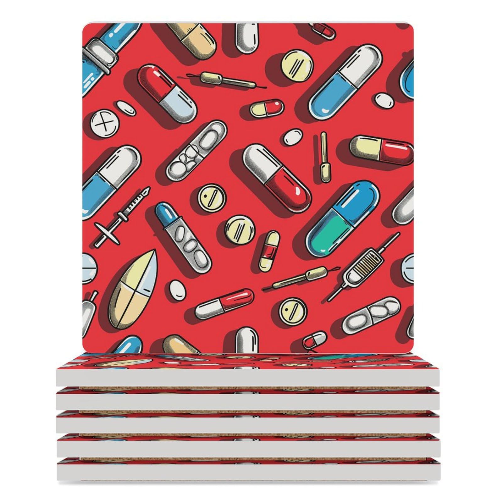 6 posavasos cuadrados de cerámica para bebidas, patrón de píldoras rojas, posavasos impresos para el hogar y el café, regalos de cumpleaños, adecuados para tipos de tazas
