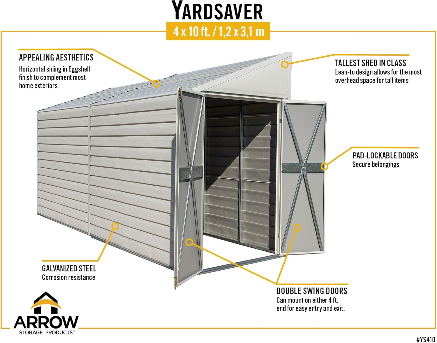 Yardsaver 4 x 10 ft Galvanized Steel Storage Shed with Swing Doors