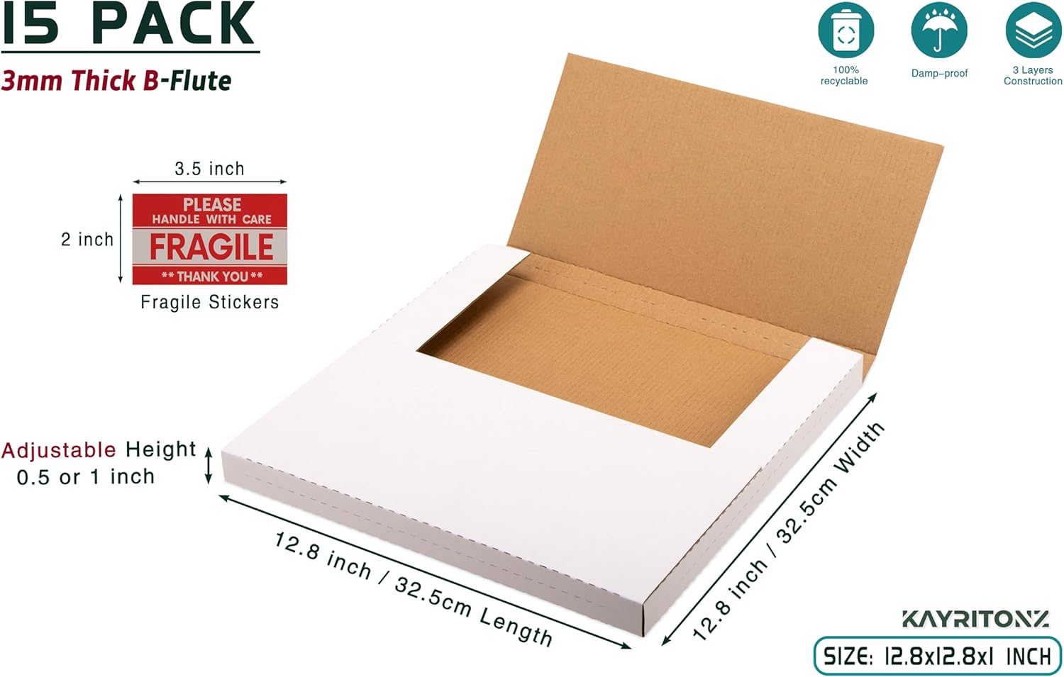 Vinyl Record Mailers, 12.8"L x 12.8"W x 1"D Corrugated Cardboard Album Shipping Boxes for Mailing Packaging Moving Storage, with Fragile Stickers, White, 15 Pack