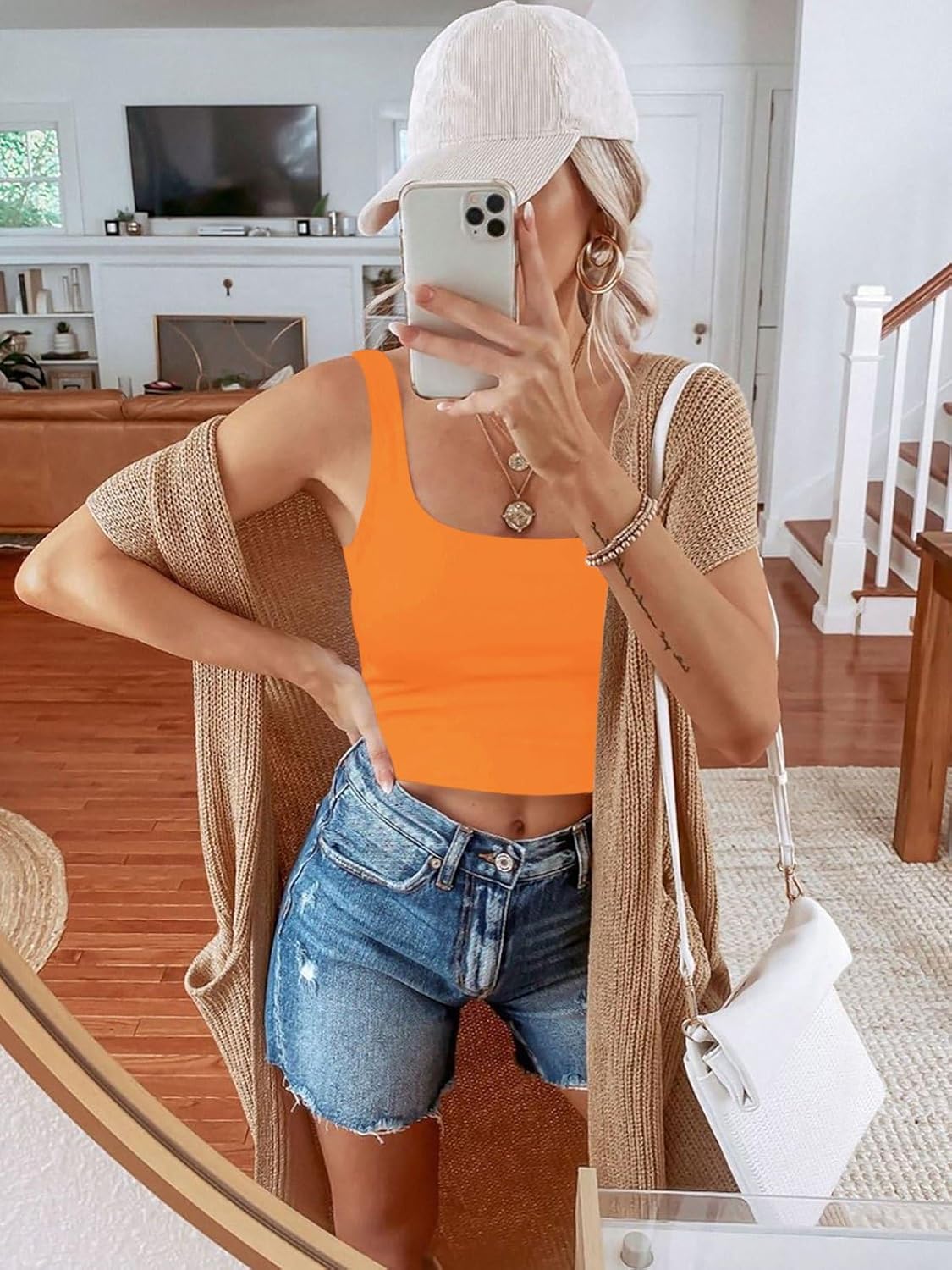 REORIA Women’s Sexy Square Neck Double Lined Seamless Sleeveless Cropped Tank Yoga Crop Basic Tops - Image 4