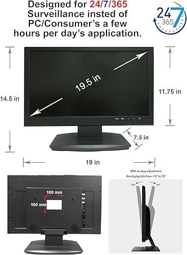 Miniatura 8 de 101AV 19.5" 5MP Super HD TVI, AHD, CVI y CVBS 16:9 Monitor de seguridad profesional, 1 HDMI, 2 entradas BNC y 1 salidas, funciona con cámaras de