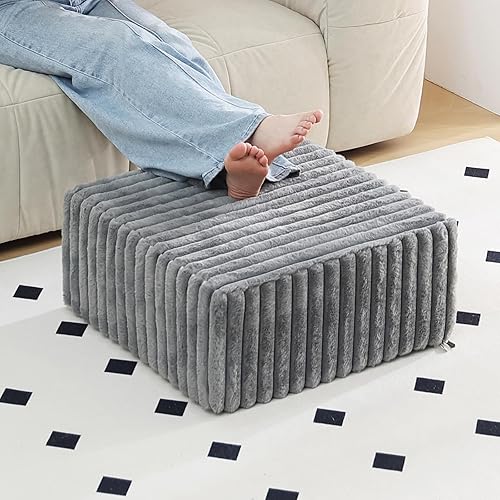 Miniatura 18 de Tiita Puf Otomán Redondo Relleno, Pufs de Piel Sintética a Rayas con Relleno de Trozos de Espuma, Puf Peludo y Esponjoso de 21 x 21 x 12 pulgadas,