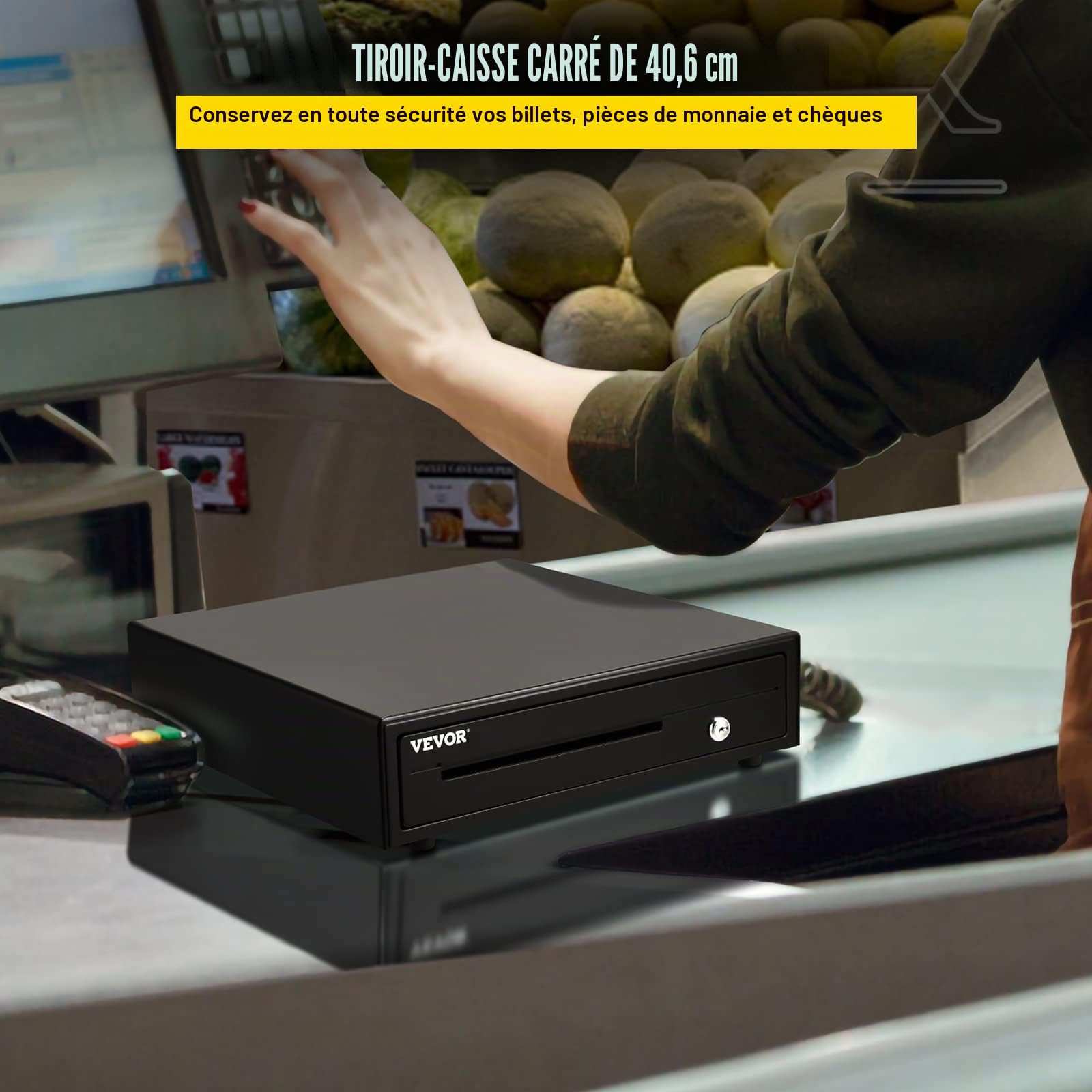VEVOR Tiroir-Caisse Enregistreuse 41 cm Compartiments 5 Billets 8 Pièces RJ11/RJ12 POS Restaurant
