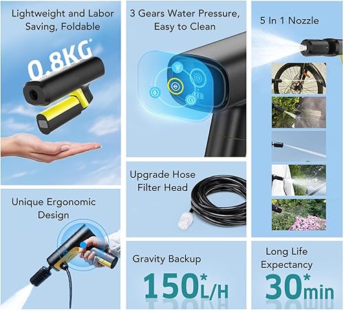 Miniatura 3 de Cordless Pressure Washer, Portable Power Washer, Electric Power Cleaner with 5-in-1 Nozzle & 3 Gears, Ideal for Car, Garden & Home with 18000mah Li