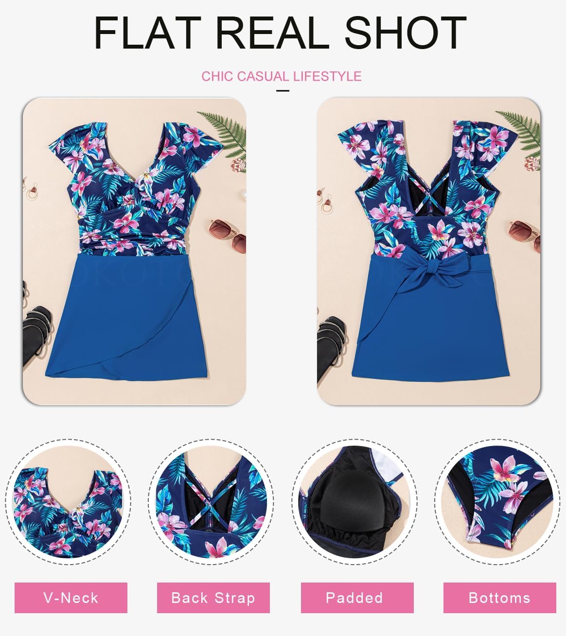 Dokotoo Women's One Piece Swimsuits with Cover up Wrap Skirt Tummy Control V-Neck 2 Piece Padded Bathing Suits - Image 3