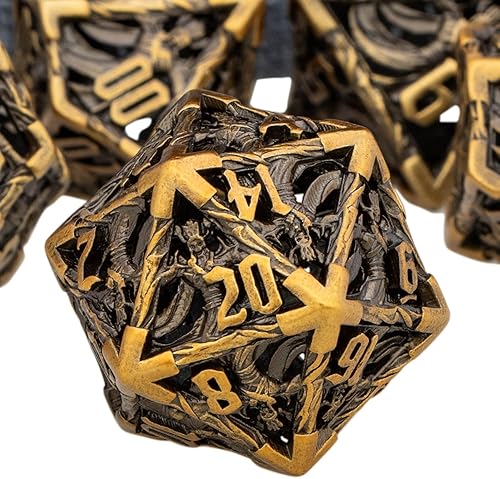 Miniatura 1 de ORIFANTOU Juego de dados huecos DND de metal con caja, 7 dados para juegos de rol, dados poliédricos de oro antiguo para D&D, dados de Dungeons and