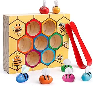 Fine Motor Skill Toddler Toy Montessori Educational Wooden Toy, Clamp Bee to Hive Matching Game, Color Recognition Sorting Game, Preschool Learning Puzzle Gift for 2 3 4 Years Old Boy Girl