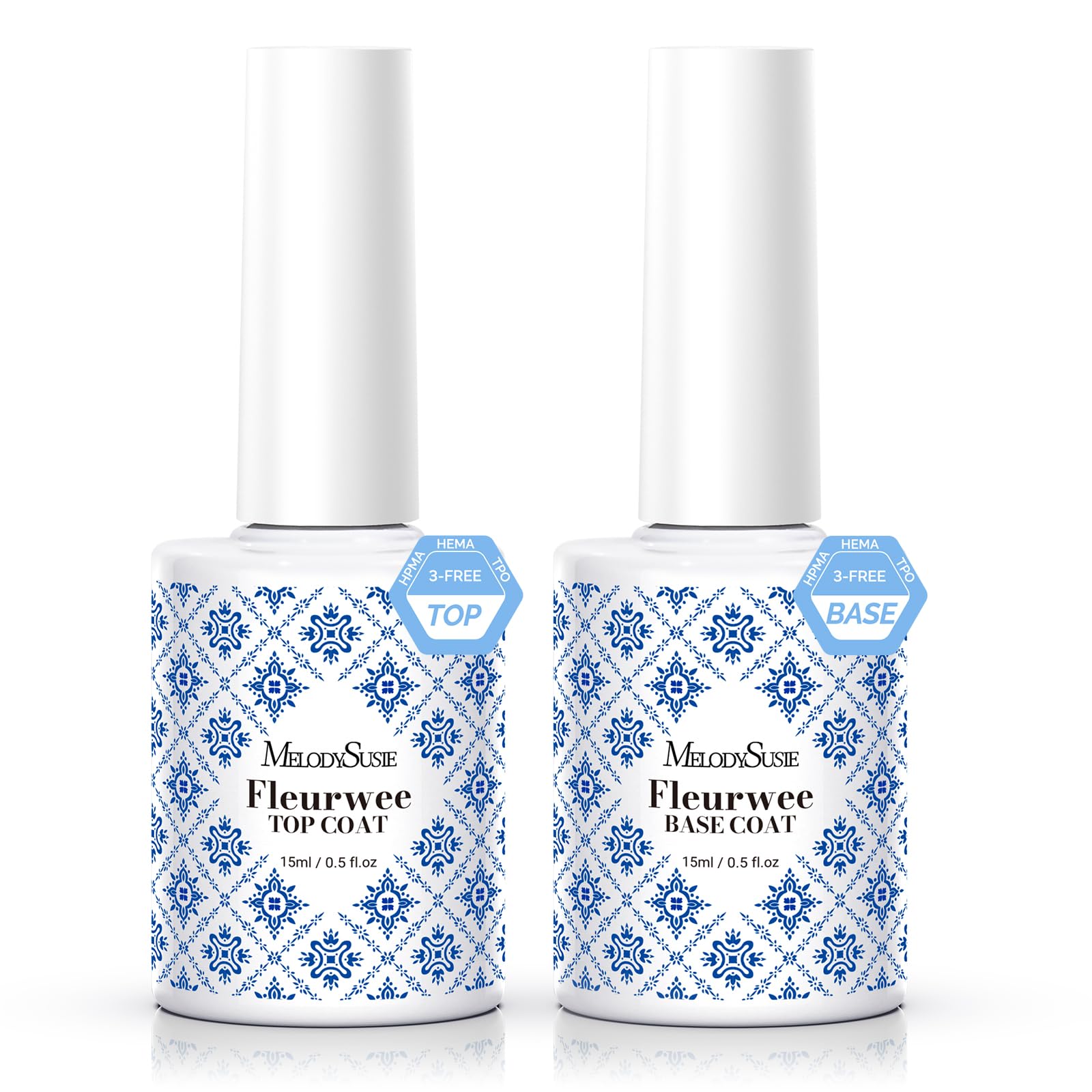 MelodySusie Fleurwee Hema Free Gel Polish Top Coat and Base Coat Set Clear Gloss Shiny Top Coat No Wipe Base Coat Long Lasting Soak Off UV Gel Nail Polish Beauty Gifts for Women