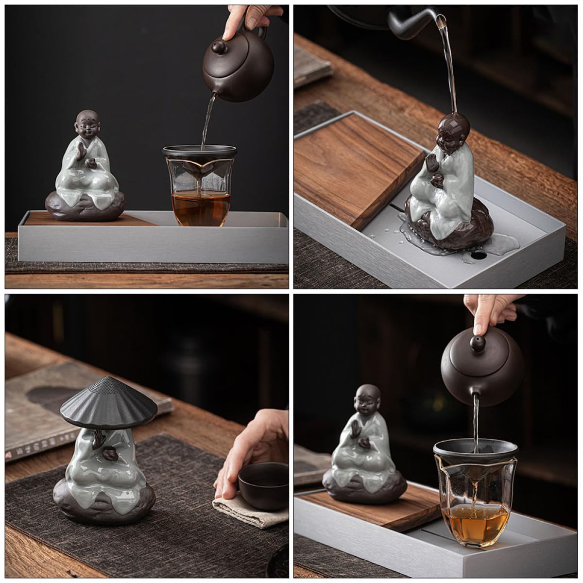 Filtro Tè Multifunzionale Design Classico Infusore in Ceramica Nero Statua Buddha Staccabile e Infusione Tè Sfuso per Decorazioni Casa