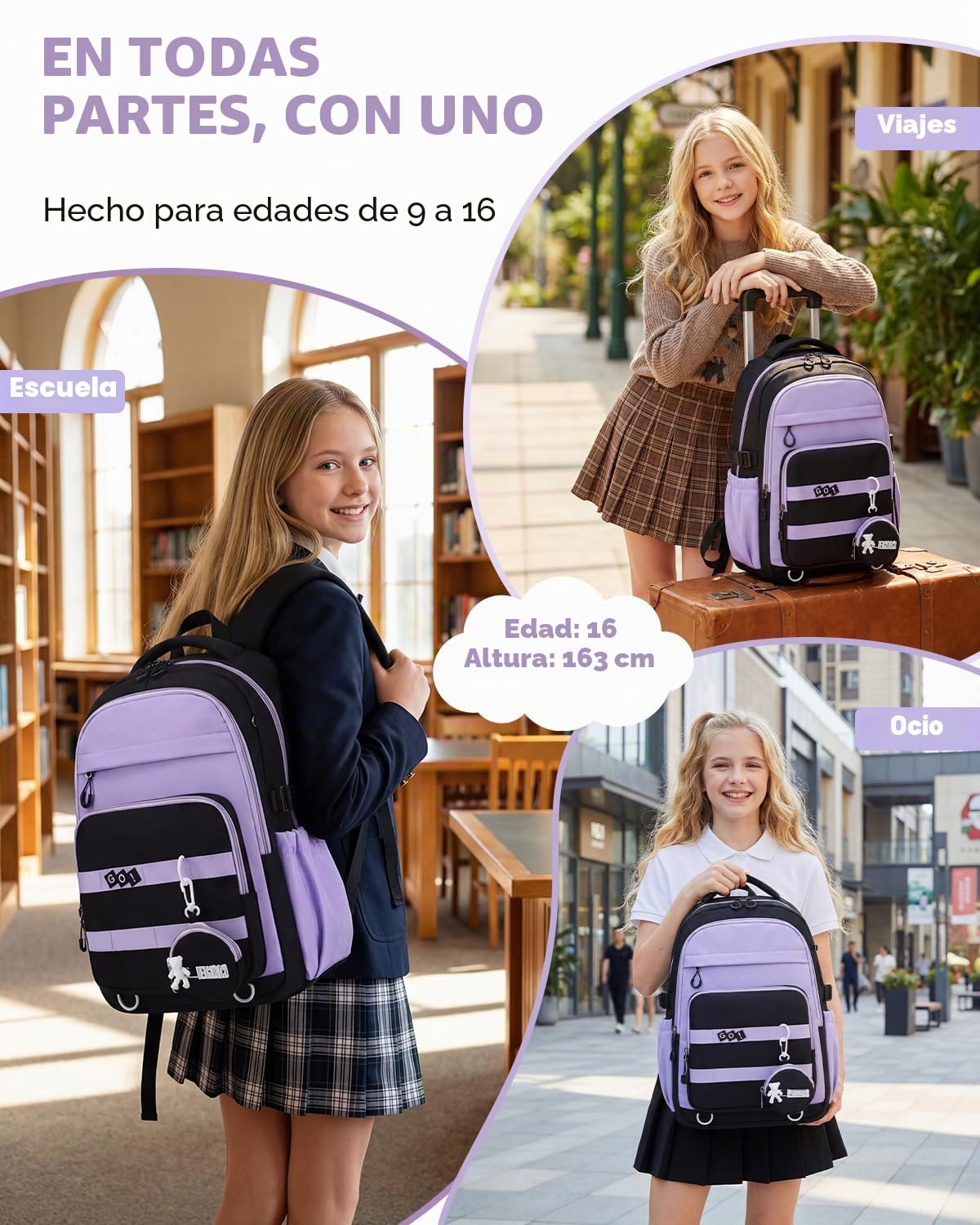 Amythe Mochila Escolar Niña - Grande Ligera para Portátil 15.6", Morado