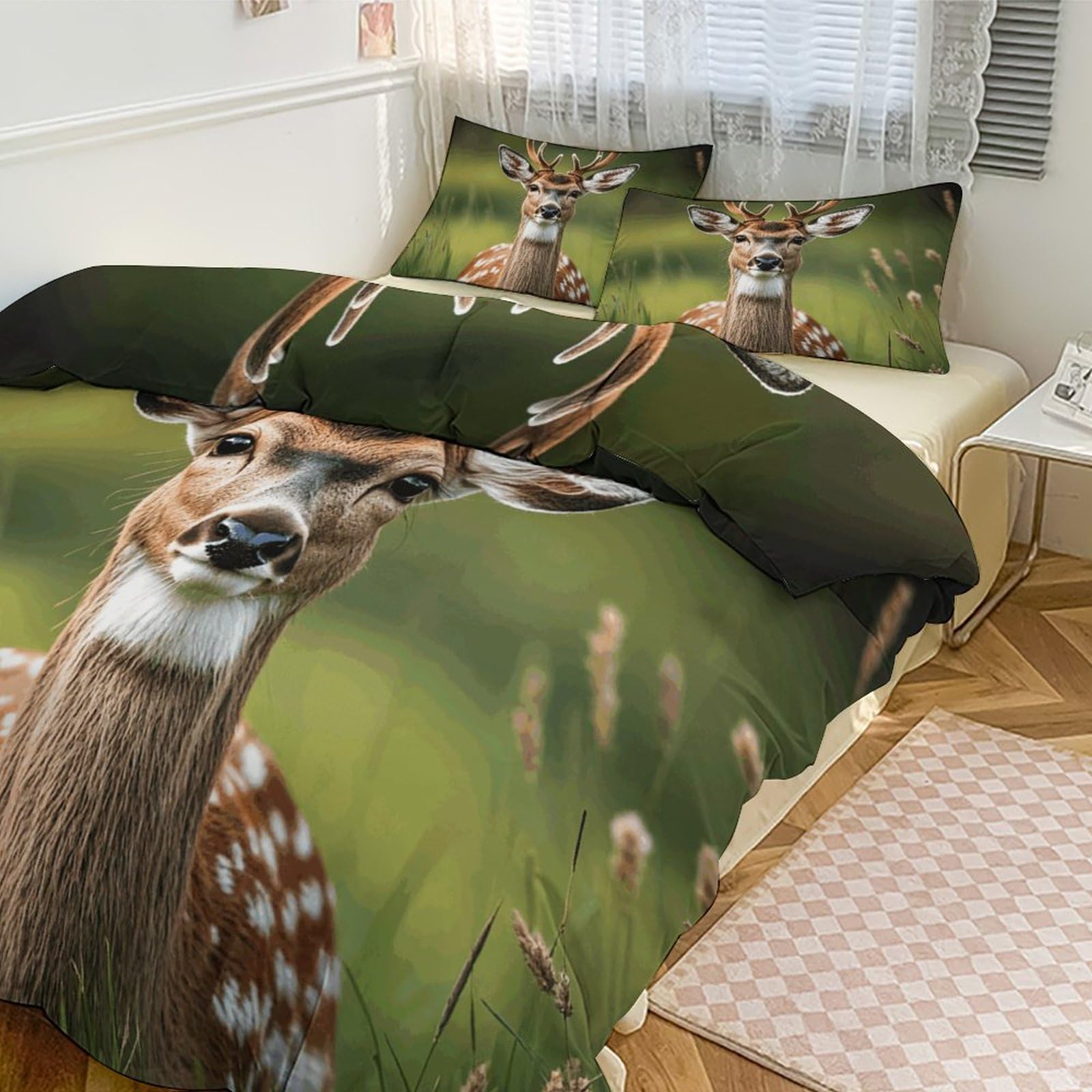 Couvre-lit et taie d'oreiller motif cerf mignon avec parure de lit 3 pièces