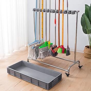 Broom And Mop Holder Put Wet Mops Movable Floor-Mounted Mop Rack Floor Standing Cleaning Tool Cart Storage,5 Racks 6 Hooks, For Garden Garage Schools, Hospitals, Factories, Hotels Property Companies