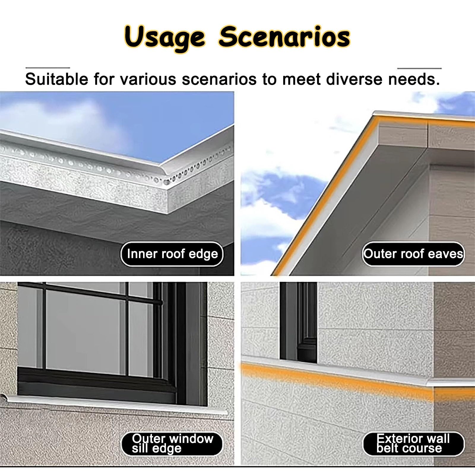 Borde goteo Perfil aluminio canal goterón 2PCS, remate drenaje agua techo con ranura luz, perfil impermeable alféizar ventana y balcón, cinta flashing exterior(Black)
