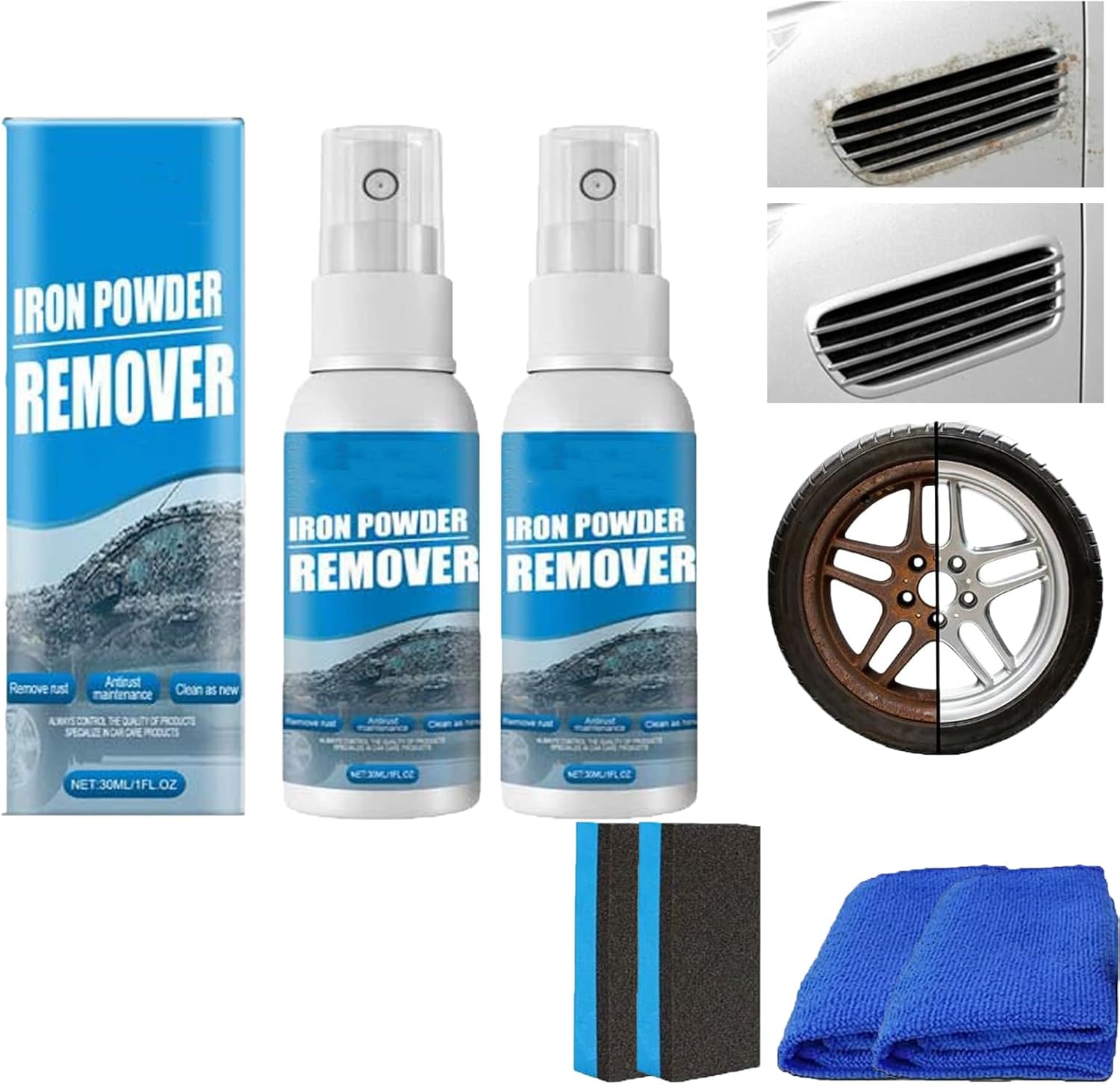 Multi-functional Quick-Acting Rust Removal Spray, Iron Powder Remover Spray, Fast-Acting Formula & Easy Sprays Application, Includes Sponge and Cloth, For Tools, Metals and Car Parts (3, 3.38oz)