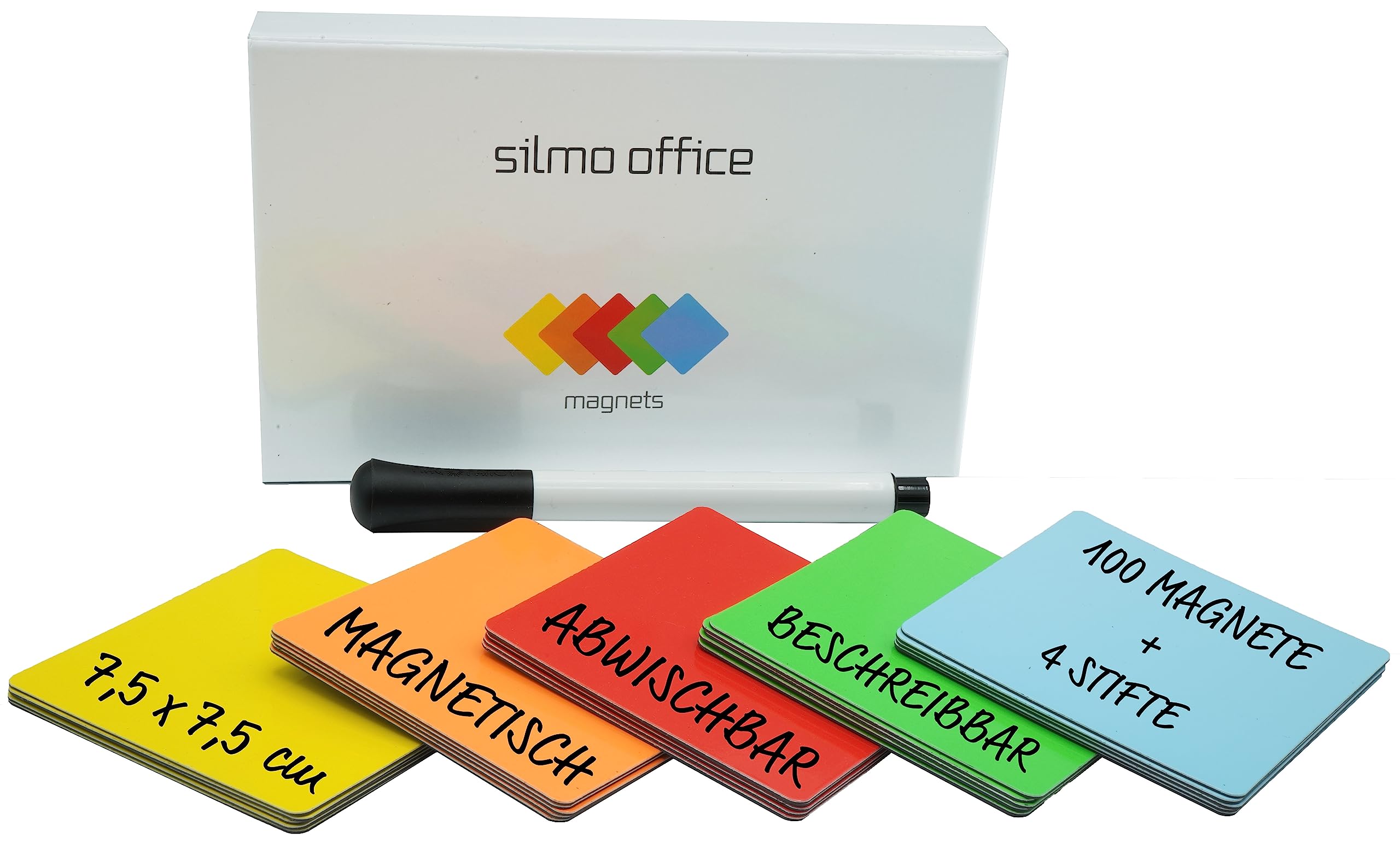 SILMO - 100x Magnetstreifen beschreibbar 75x75mm bunt + Marker Stift - Whiteboard Kanban Scrum Board - Kühlschrank Magnete abwischbar wiederbeschreibbar - zuschneidbare Haftstreifen Büro Tafel Lager