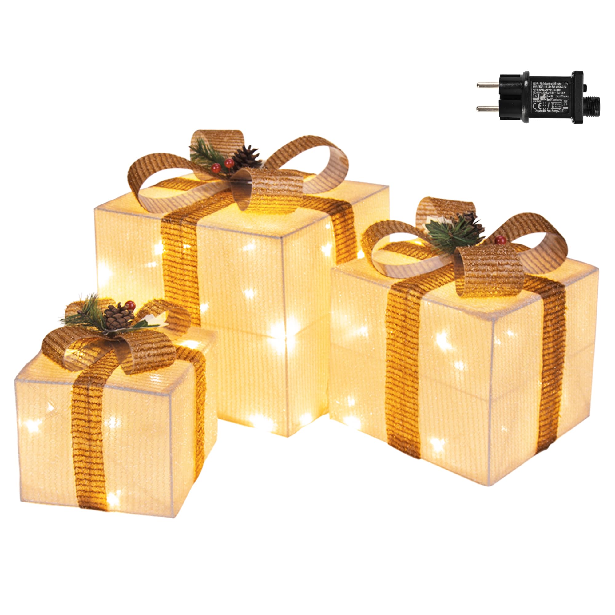 GIGALUMI Pudełko prezentowe LED, zestaw 3 sztuk, 8 trybów, 60 diod LED, świecące pudełko bożonarodzeniowe, łańcuch świetlny z wtyczką do wnętrz, żółta dekoracja bożonarodzeniowa, ciepła biel