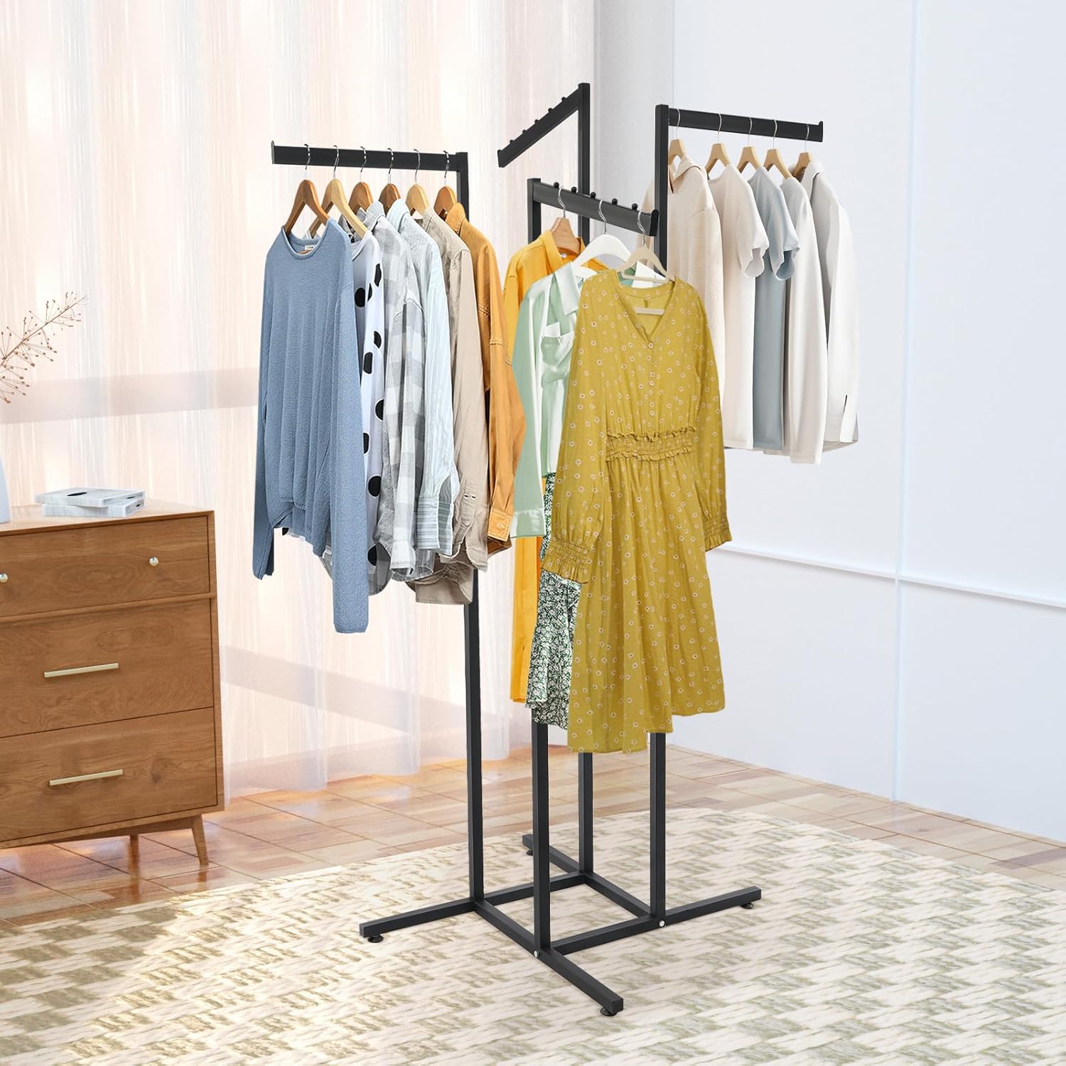 Clothing Display Rack, 4 Way Adjustable Clothing Rack Floor-Standing Clothes Shelves with 2 Straight Arms and 2 Slanted Arms for Clothing Stores (Black)