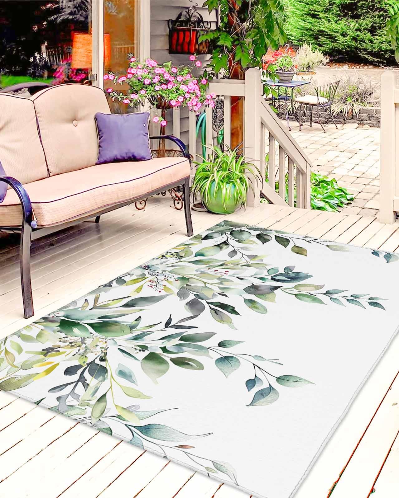 Dark Green Rug,patio Door Mat 60x180cm Plant Green Leaves With Dew Drops Flannel Floor Mat