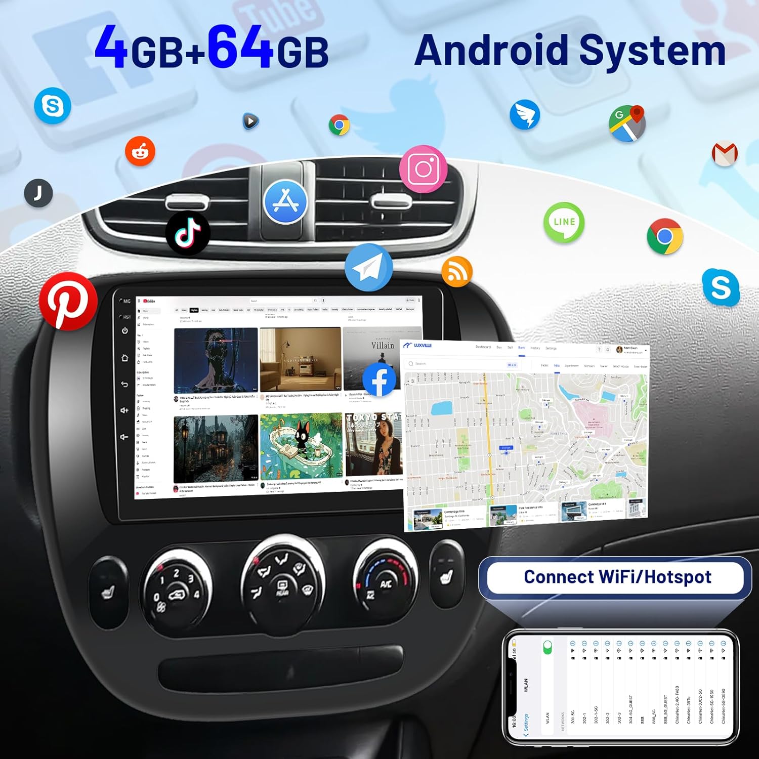 [4+64] Volxcereo Car Radio for Radio for Kia Soul 2014 2015 2016 2017 (Manual A/C), 9 inch Android Touchscreen Stereo with Carplay, Android Auto, GPS, WiFi, Bluetooth, SWC, DSP, FM/RDS