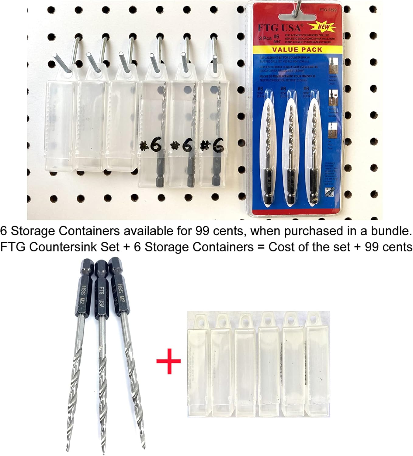 FTG USA Countersink Drill Bit Set 3 Pc #6 (9/64") with 3 Pc Replacement Countersink Drill Bit Same Size 9/64" Set Countersink HSS M2 Tapered Countersink Bit, with 1 Hex Wrench