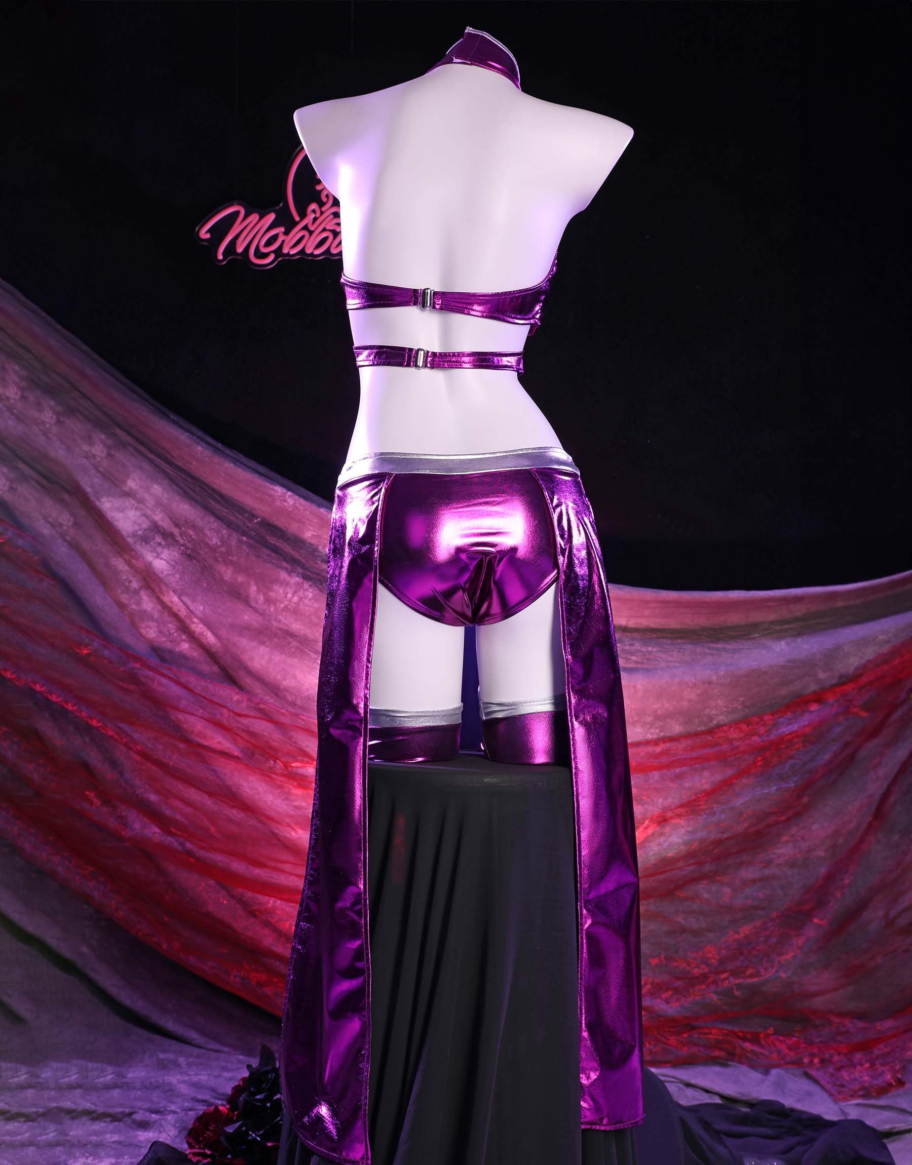 Mobbunny Movie Cosplay Costume for Women Purple Bodycon Outfit Halter Cutout Bodysuit with Gloves Stockings: Medium Purple