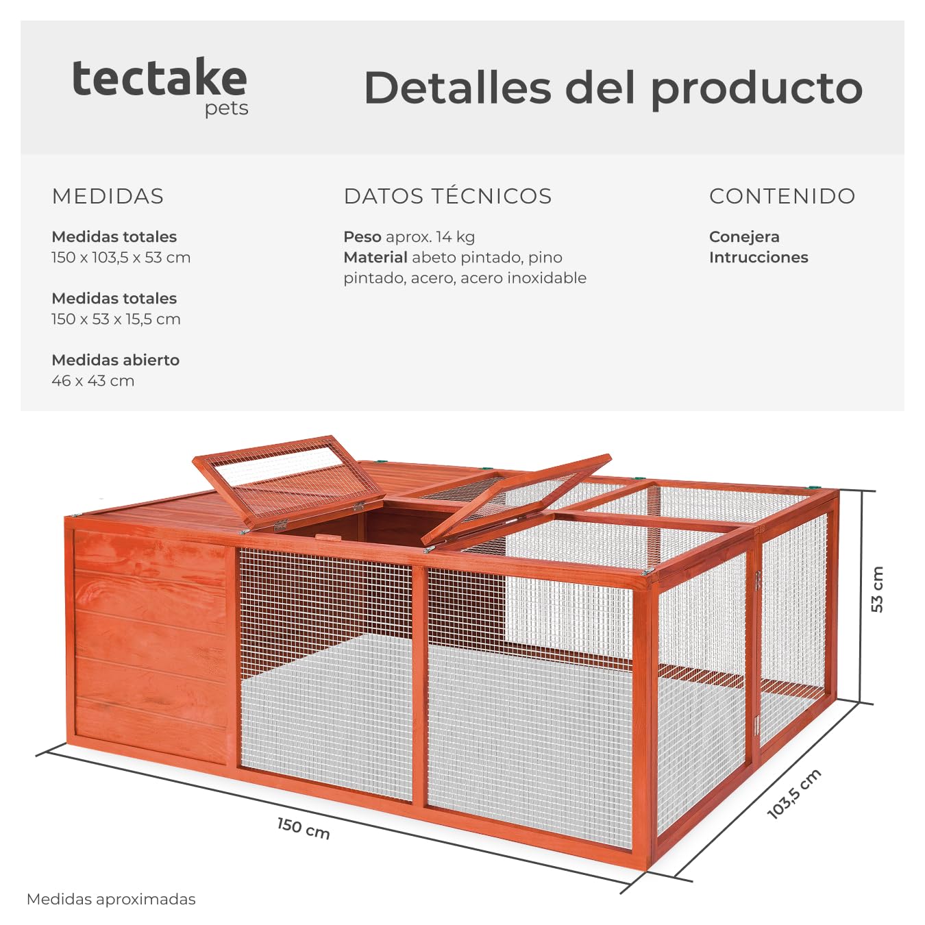 tectake® Jaula Conejo Exterior Plegable, Jaulas para Conejos con Techo Abierto y Malla Fina, Conejera Exterior en Madera Lacada, Jaula Cobaya, Casa Conejo, Casa para Conejos - 103 x 150 x 53 cm