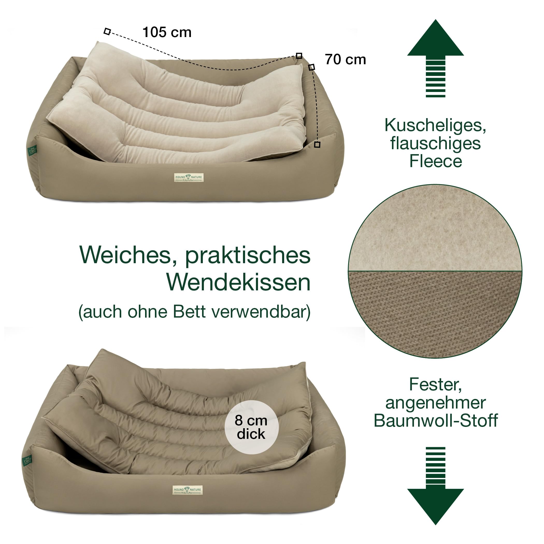 HOUND & NATURE | Cama ecológica para perros Luzern | Suave y suave, talla XXL para perros muy grandes, cama mullida y mullida lavable con cojín reversible (XXL – 125 x 95 cm, topo)