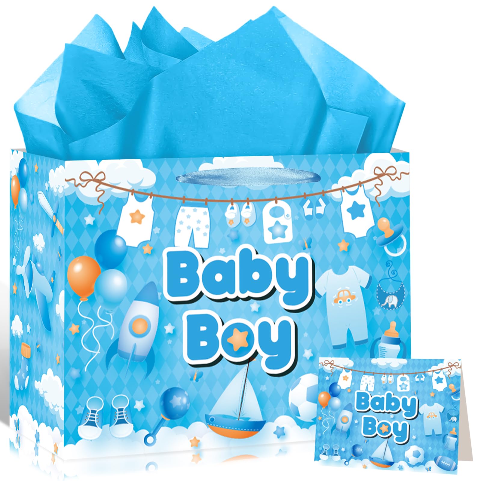 Baby Boy Gift Bag with Tissue Paper and Greeting Card Baby Shower Paper Bags for Boys Blue Cute Boy Wrapping Paper Bag Candy Bags with Handle for Baby