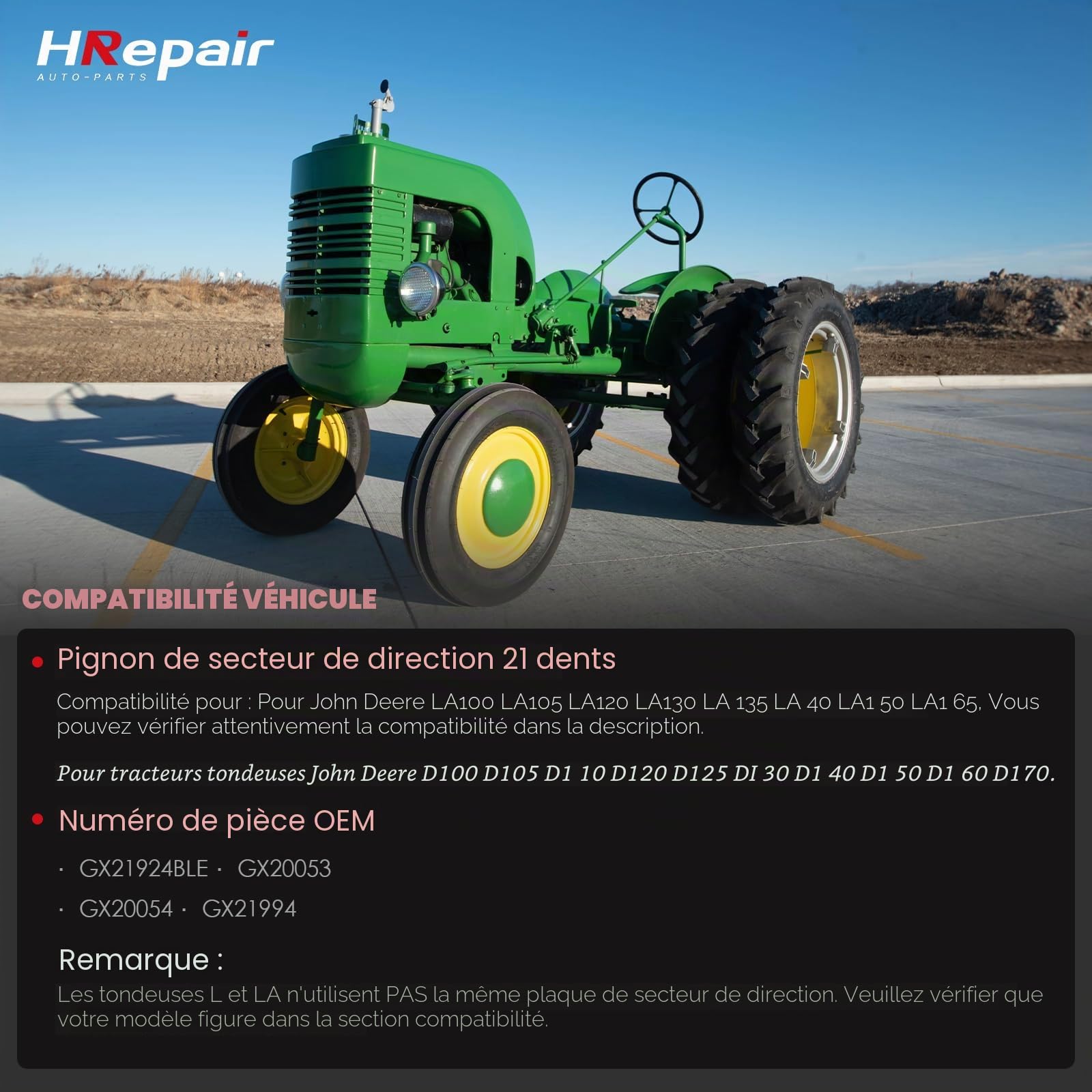 Kit de Reconstruction de pignon de Direction pour John Deere LA100 LA105 LA120 LA130 LA135 LA140 LA150 LA165, John Deere D Series Remplace # GX21924BLE, GX20053, GX20054, GX21994
