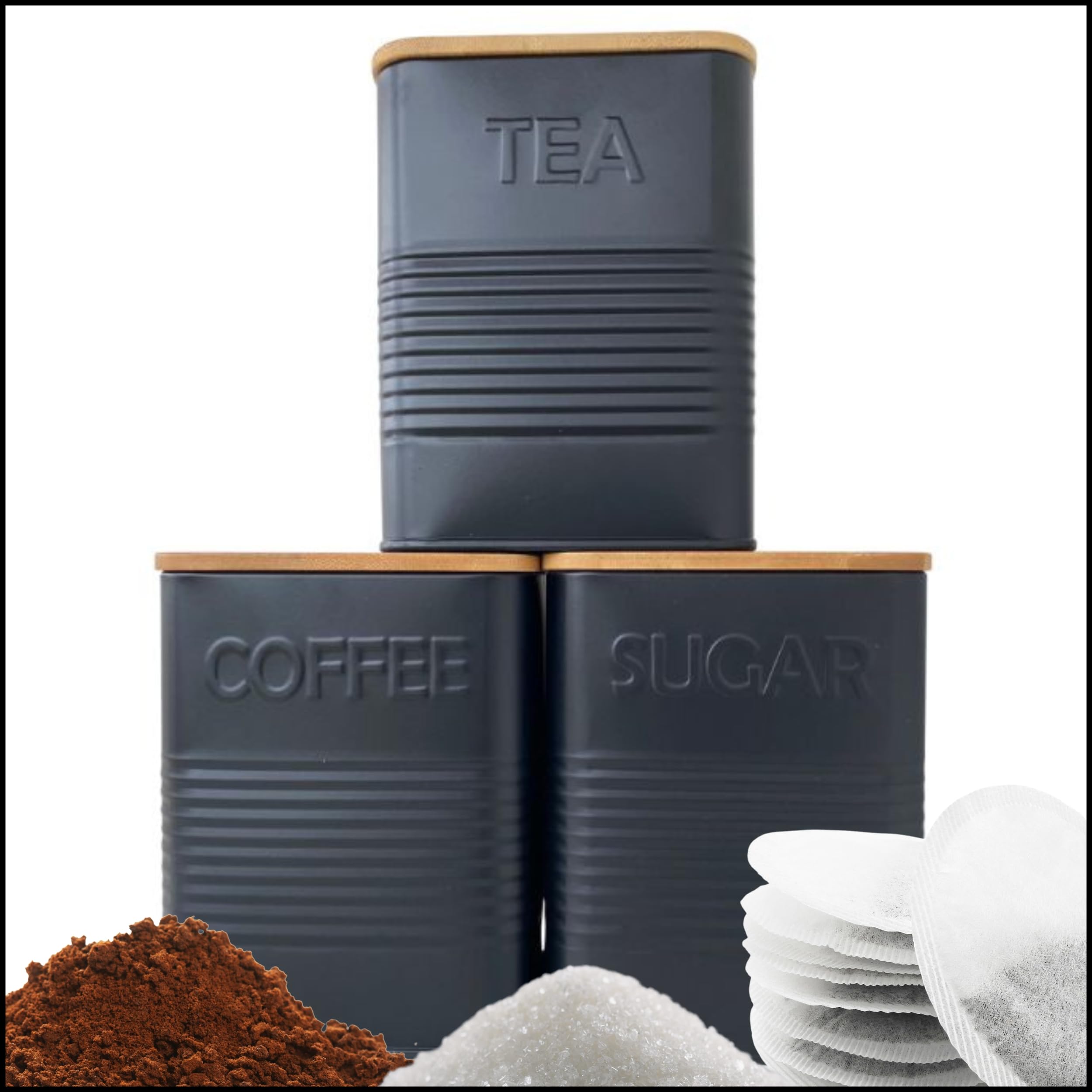 Evanmore Black Kitchen Storage Tins Bread Bin Biscuit Tin Tea Coffee Sugar Canisters Pasta Tin Box (Tea, Coffee, Sugar Canisters)