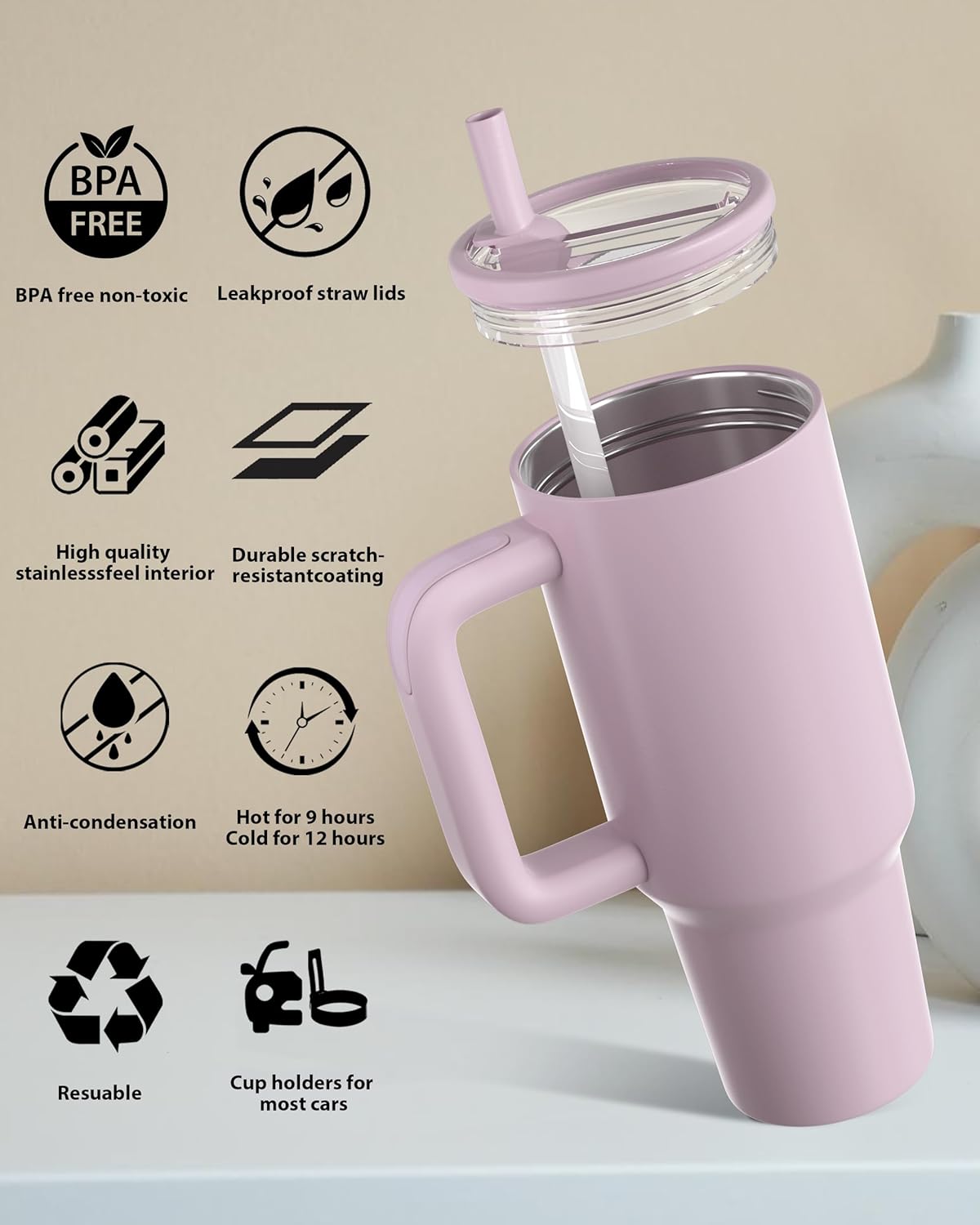 Traveler 40 oz Insulated Water Bottle with Handle & Flip Straw,Fits in Cup Holder,Leak Resistant Tumbler,Stainless Steel Base,Reusable Gifts for Women & Men - Image 4