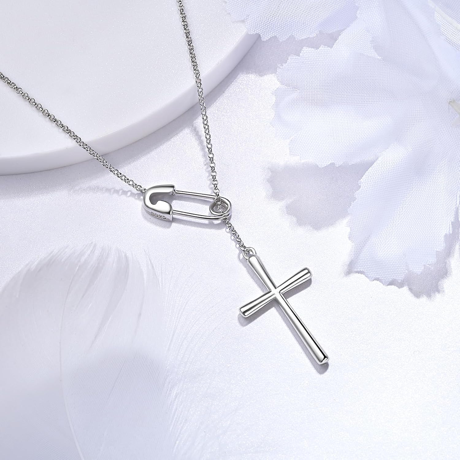 925 Sterling Silver Safety Pin Necklace Cross Christian Faith Jewelry Adjustable Link Y Necklace for Women Men Christians