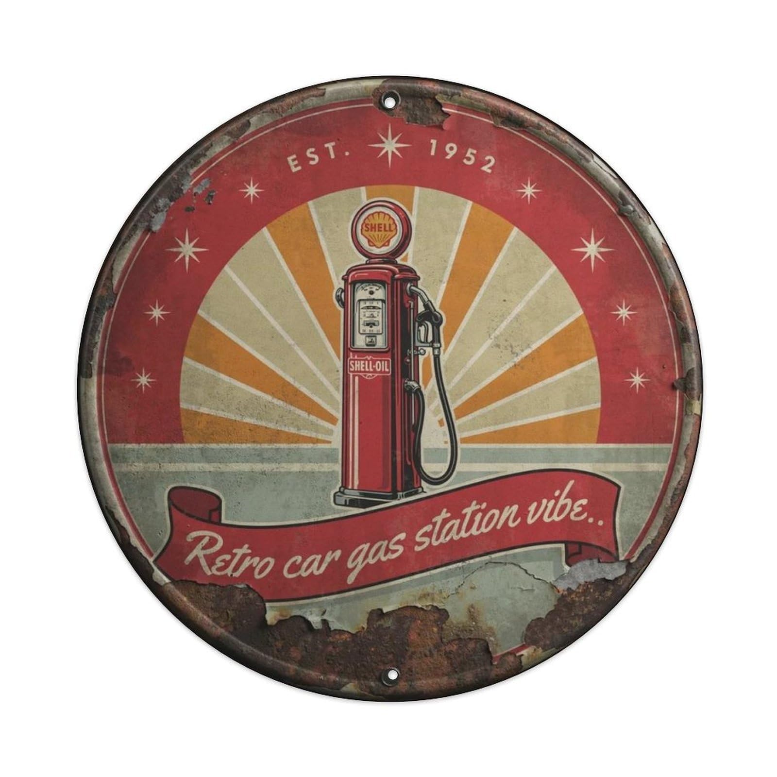 Retro Car Gas Station Vibe. Metal Tin Sign Plaque