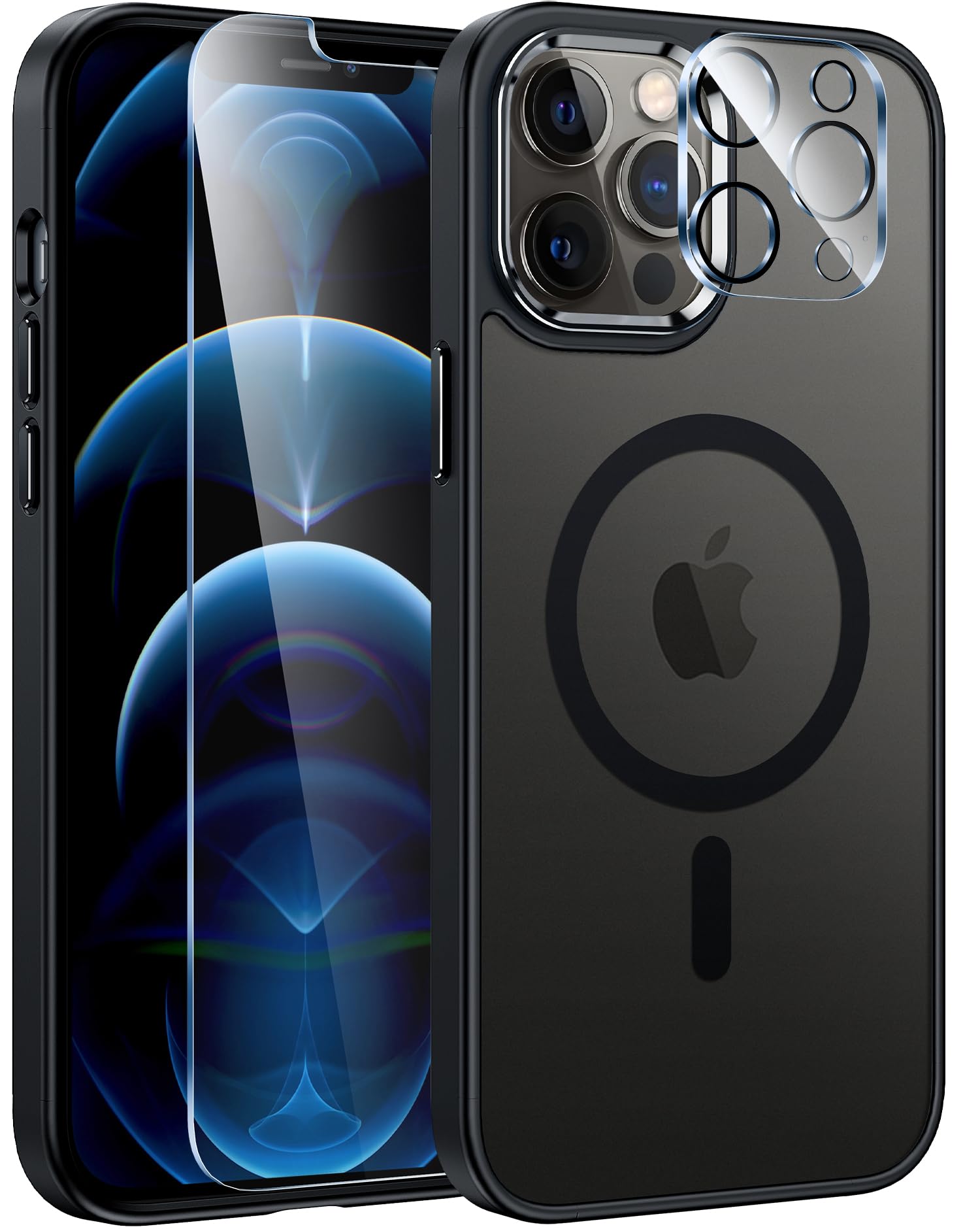 FNTCASE for iPhone 12 Pro-Max Case: Magnetic Matte Translucent Military Grade Drop Protection Phone Case | Frosted Slim Rugged Durable Shockproof Protective Bumper Black