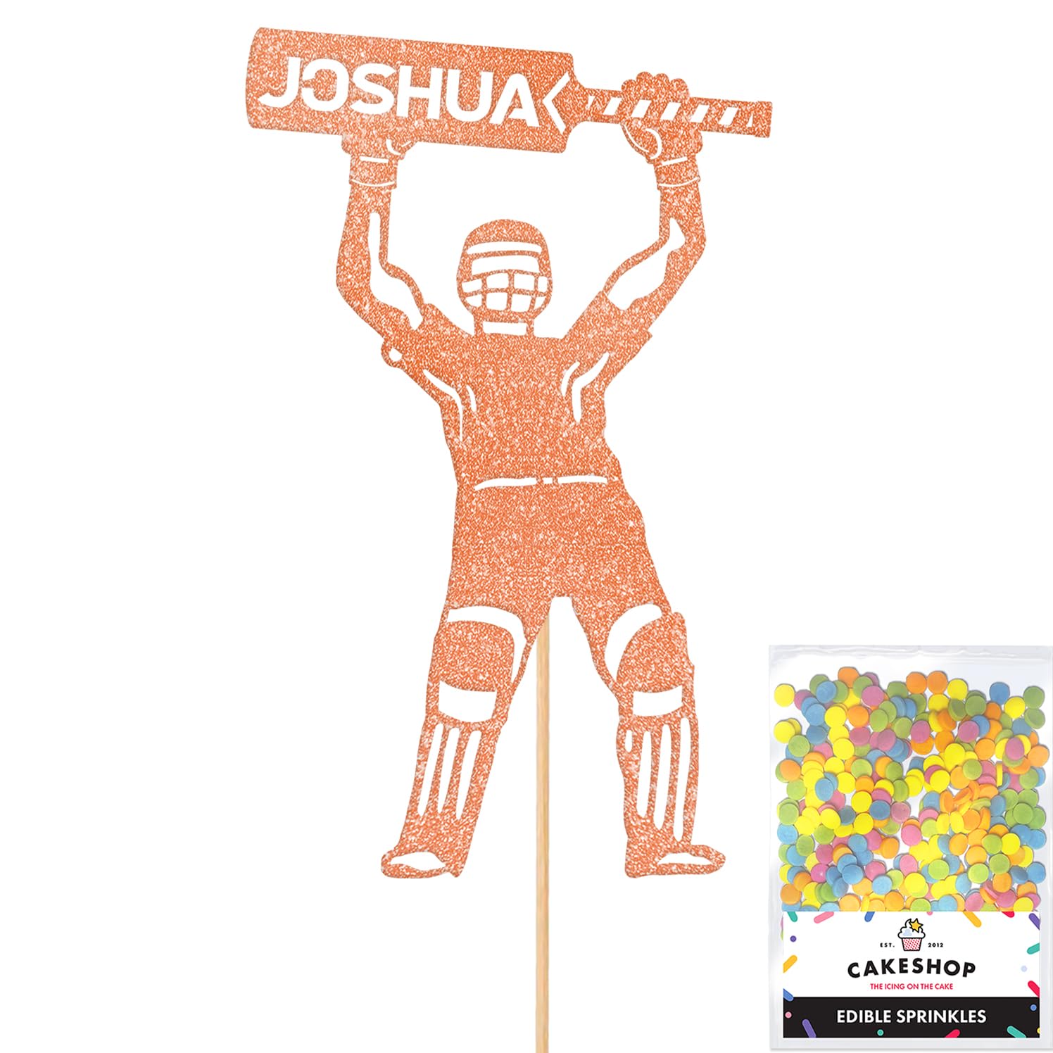Personalised Cricket Batsmanl Glitter Cake Topper - Rose Gold Custom Name Glitter Cake Decoration and Sprinkles - Happy Birthday Decorations - Personalised Toppers for Cakes by Cakeshop