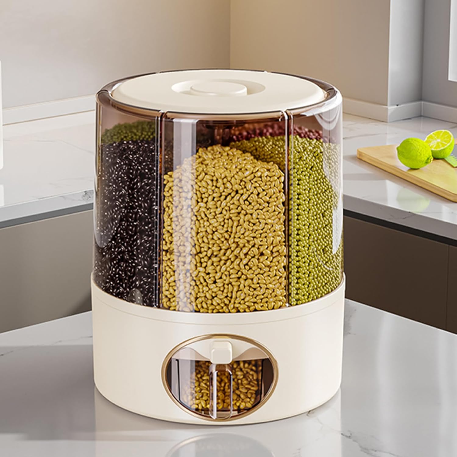 Grain Dispenser, 360° Rotating Clear Rice Bucket with 6 Compartment, One-Click Output Cereal Dispenser with Lid for Kitchen, 9.25x11.02 inch