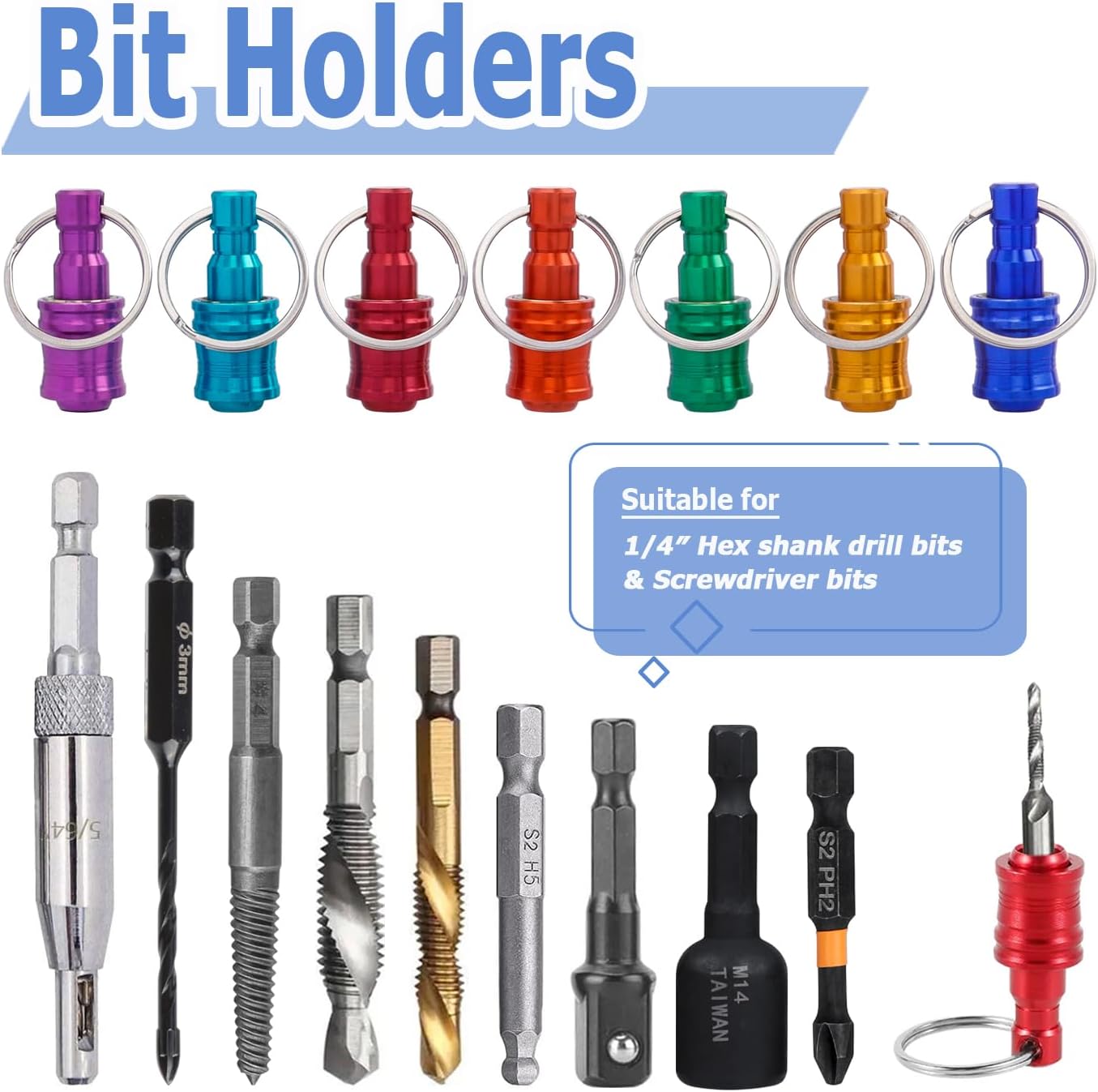 Mesee 7 Pieces Bit Holder Keychain for 1/4 inch Hex Shank Screwdriver Bits Holders Extension Bar Portable Quick Change Keychain Drill Screw Adapter(7 Colors)