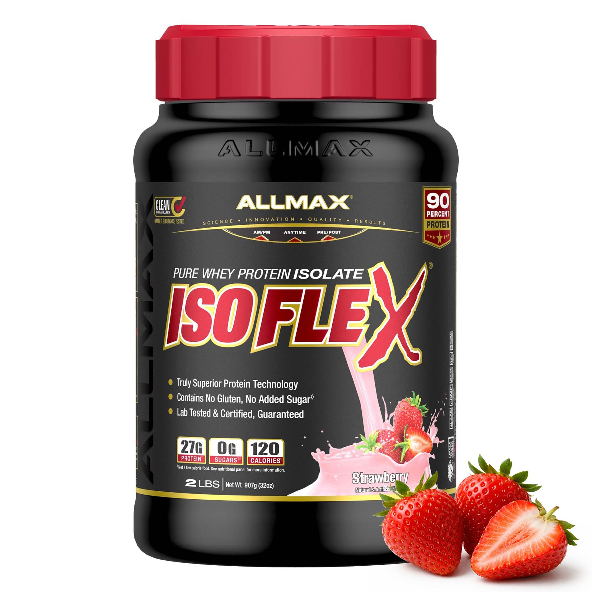 ALLMAX ISOFLEX Pure Whey Isolate Protein Powder - Gluten Free, Low Lactose, Sugar-Free - High-Protein, Clean, Keto-Friendly, Pre Post Workout Supplement for Women and Men | Strawberry, 2lb