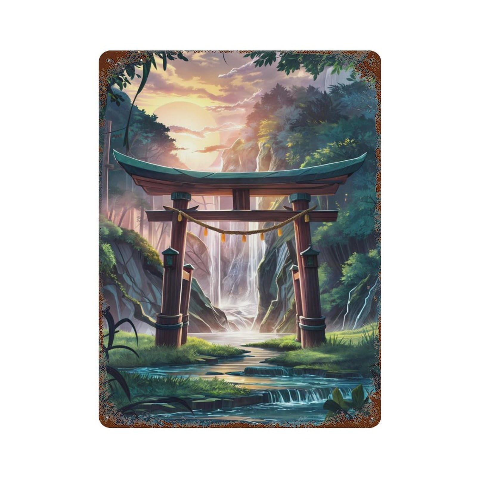 Torii Gate in Forest 15.7"x11.8" Aged Metal Wall Plaque, Retro Wall Decor for Farmhouse, Kitchen And Entryway Decor