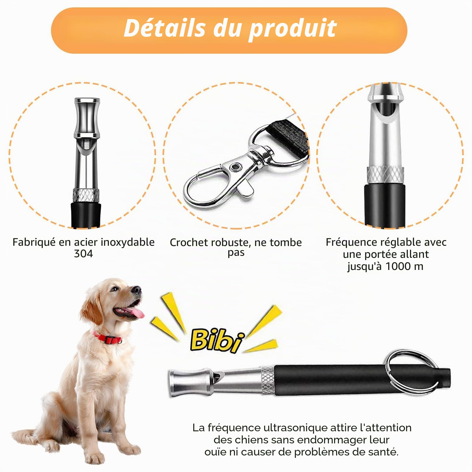 Sifflet pour chien à haute fréquence silencieux - Accessoire anti-aboiement ultrasonique avec cordon - Sifflet réglable pour toutes les races - Noir