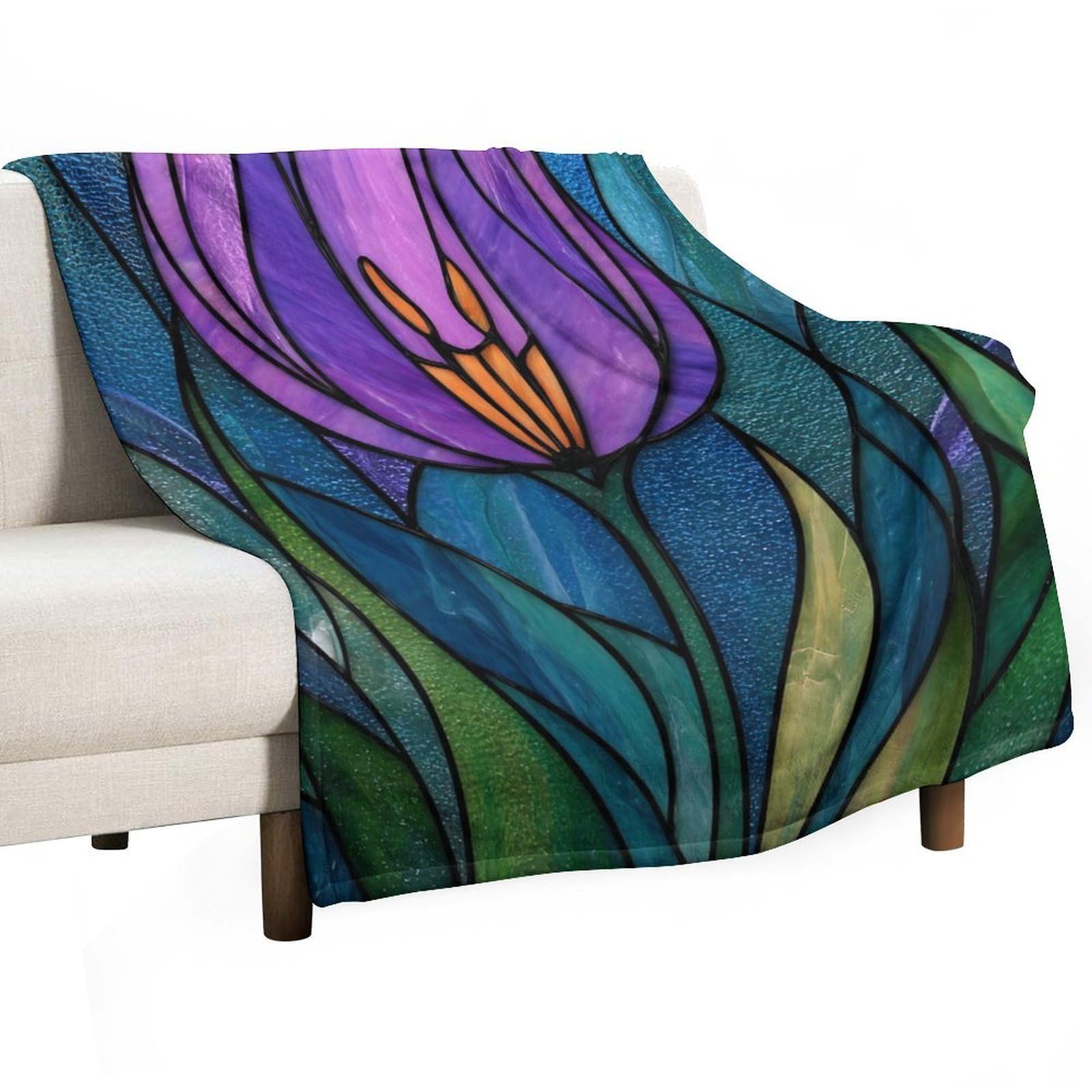 Jubonexis Stained Glass A Single Purple Tulip on Blue Anti Pilling Throw Blankets Cozy Durable Blanket for Bedroom Living Rooms Couch Sofa Bed 130x150cm(50x60in)