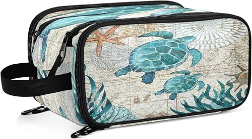 senya Bolsa de aseo vintage con mapa de estrellas de mar y tortugas marinas, organizador de cosméticos, bolsa de viaje grande para mujeres y