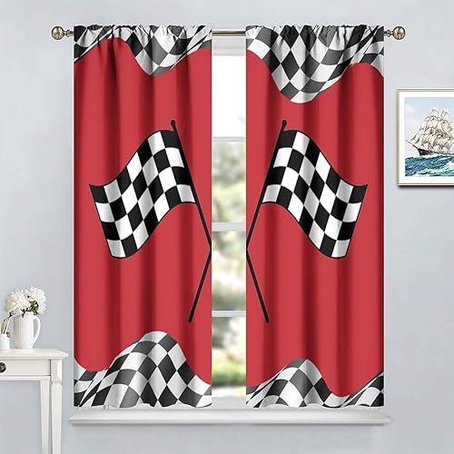 Miniatura 2 de Cortinas de coche de carreras para niños, con bandera de carreras, tratamientos de ventana roja para dormitorio, cuadros blancos y negros, cortinas