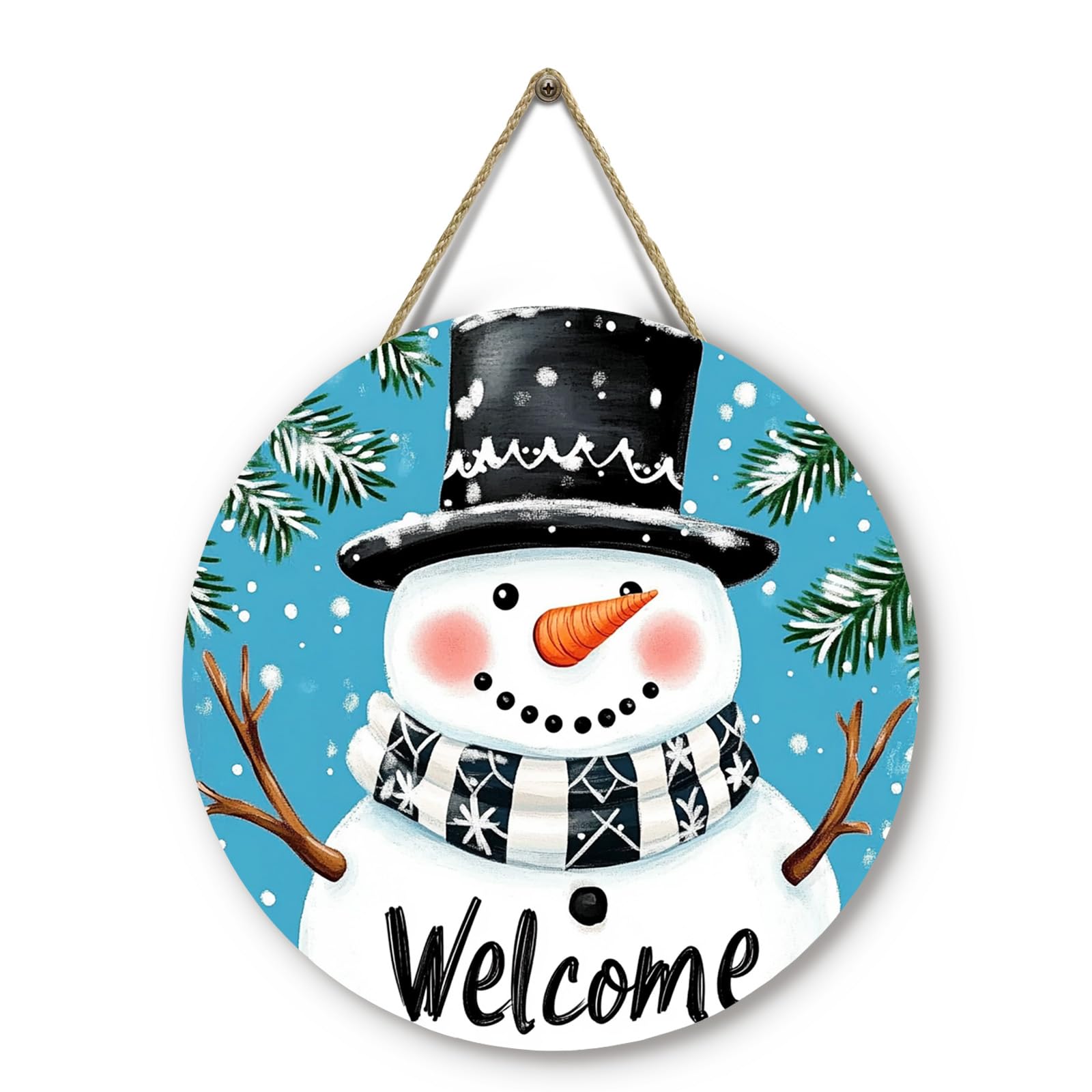 Winter Snowman Welcome Door Sign for Front Door Blue Snowman Snowflakes Wooden Door Hanger Holiday Hanging Porch Wall Sign Farmhouse Seasonal for Home Decorations 12 x 12 inch